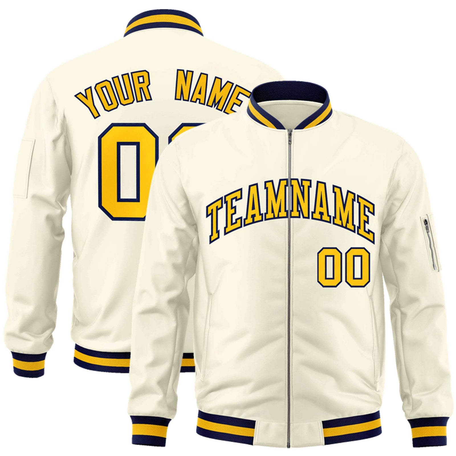Custom Cream Yellow-Navy Varsity Full-Zip Letterman Bomber Jacket