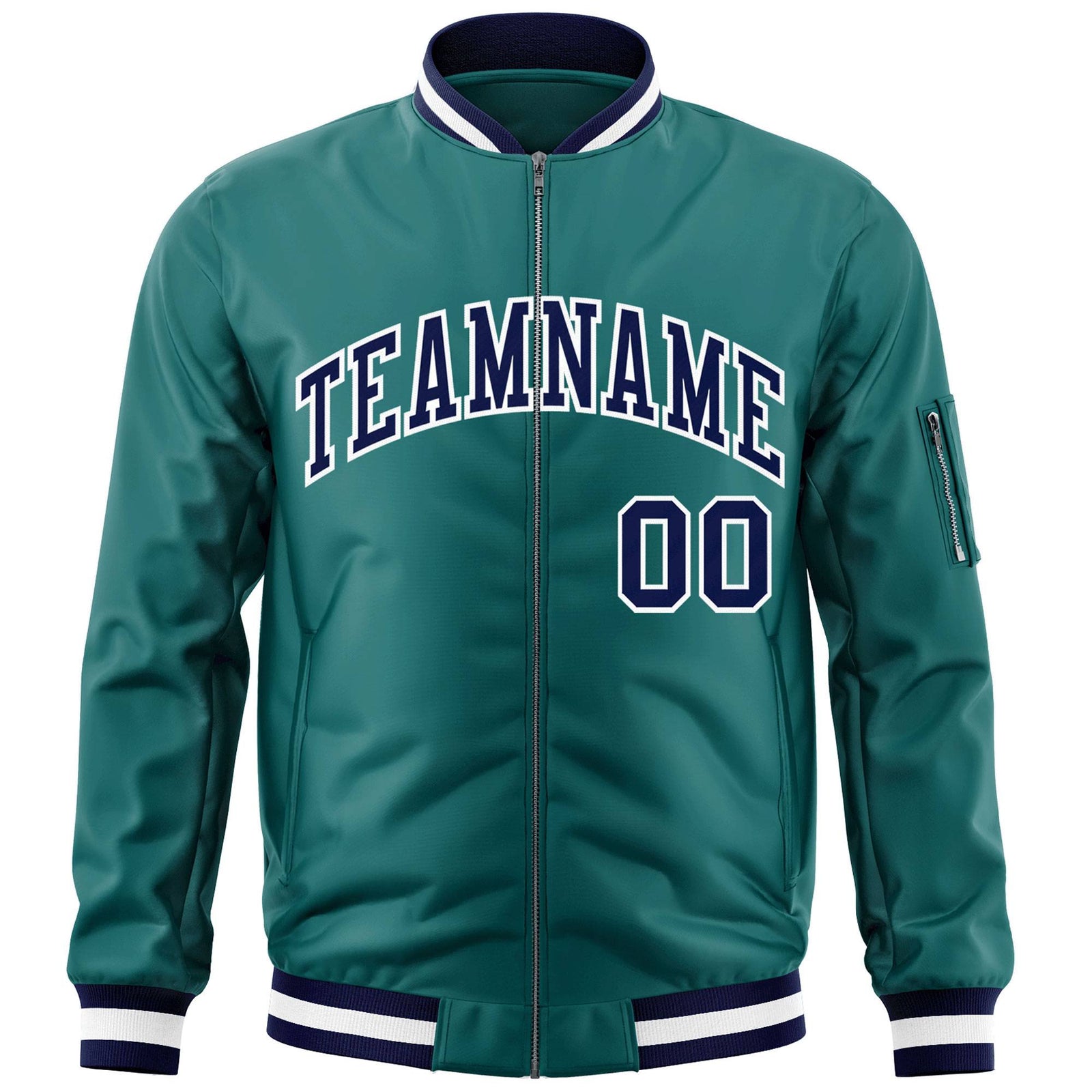Custom Aqua Navy-White Varsity Full-Zip Letterman Bomber Jacket