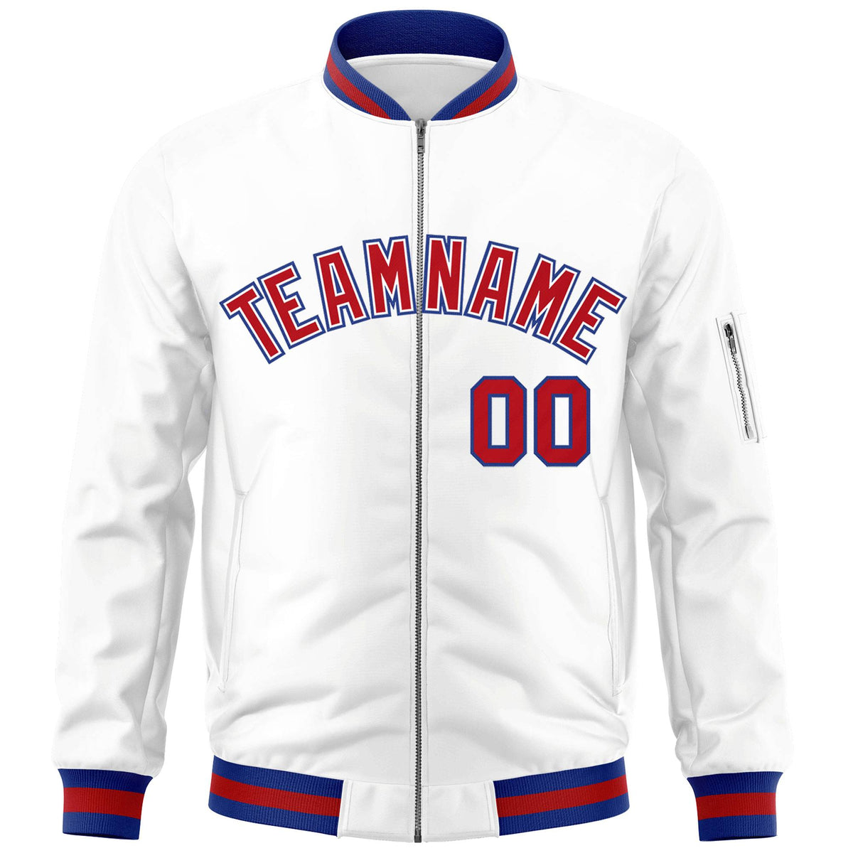 Custom White Red-Royal Varsity Full-Zip Letterman Bomber Jacket