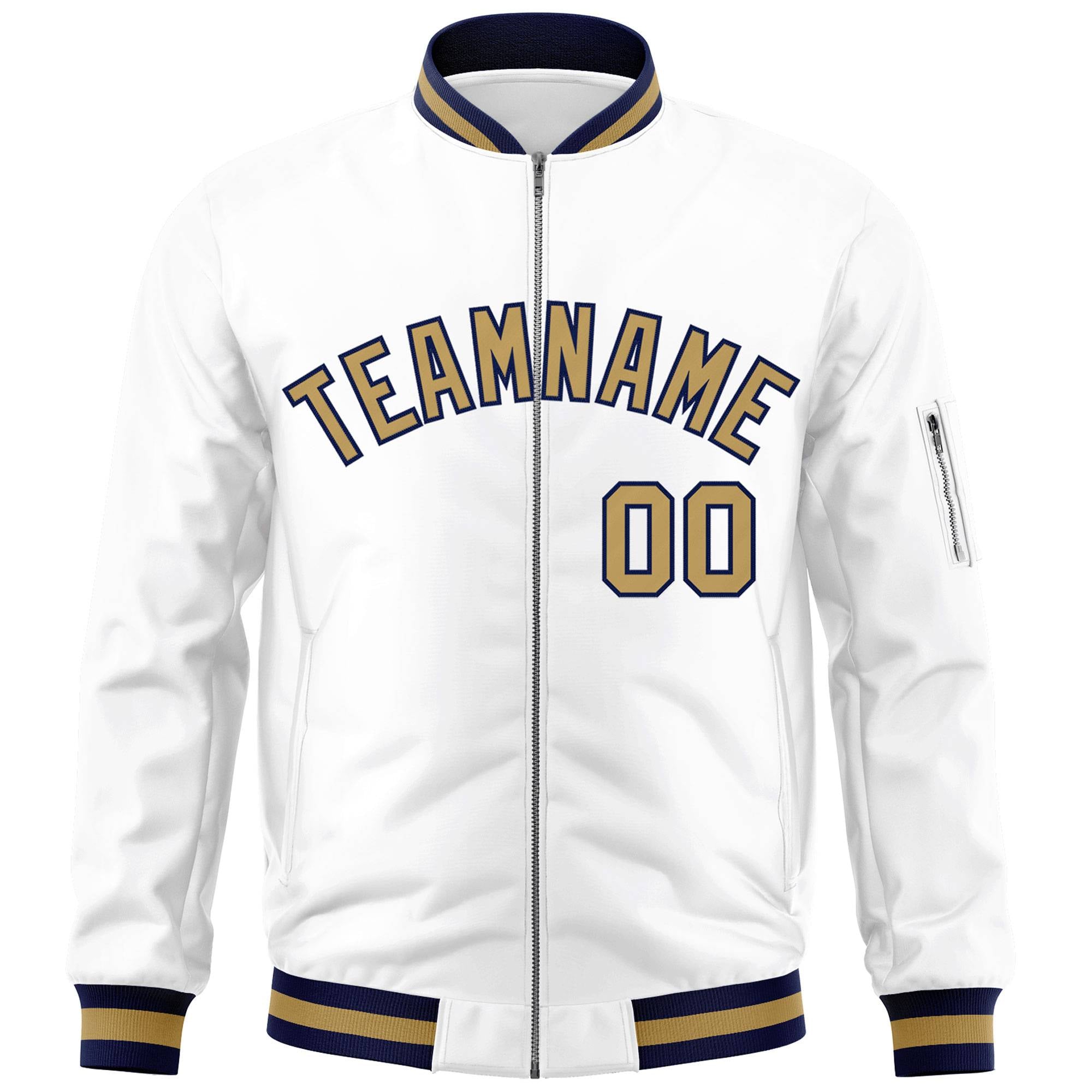 Custom White Old Gold-Navy Varsity Full-Zip Letterman Bomber Jacket