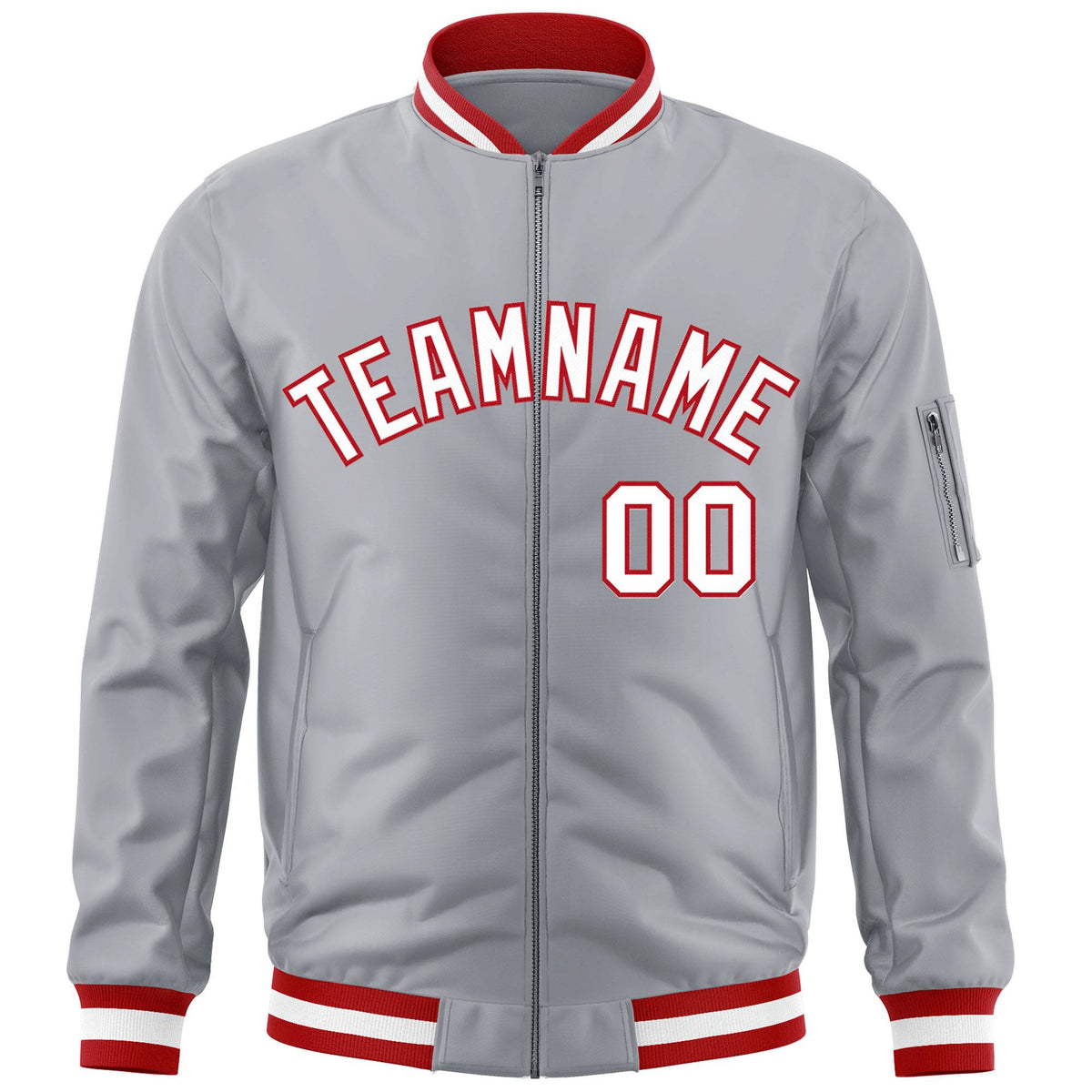 Custom Gray White-Red Varsity Full-Zip Letterman Bomber Jacket
