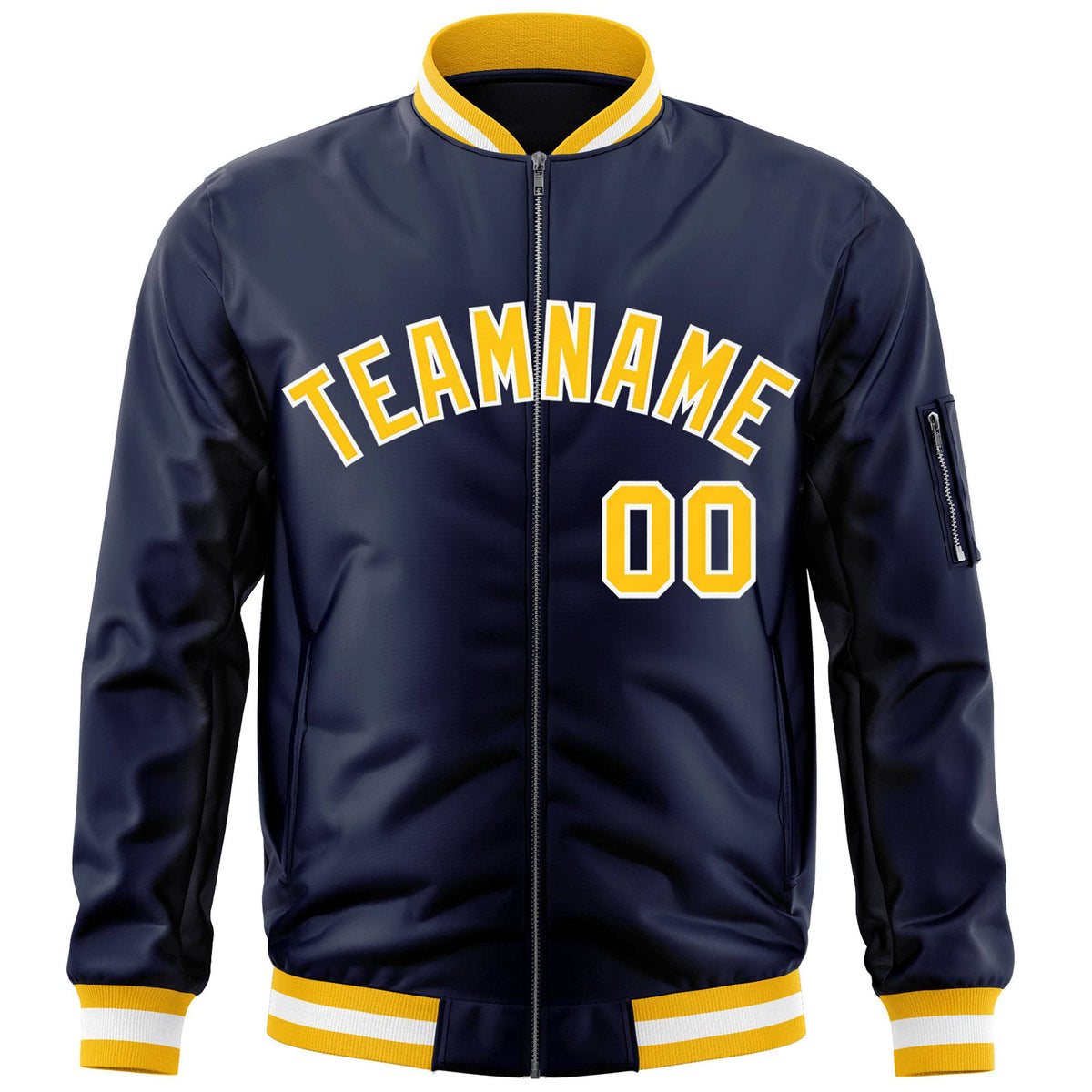Custom Navy Gold-White Varsity Full-Zip Letterman Bomber Jacket