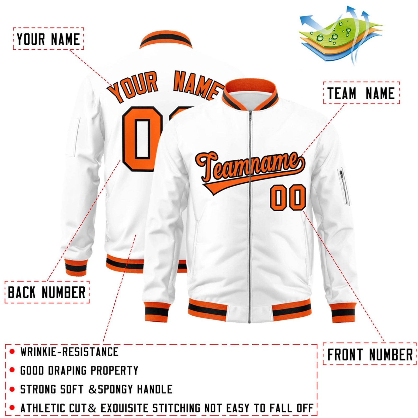 Custom White Orange-Black Varsity Full-Zip Letterman Bomber Jacket