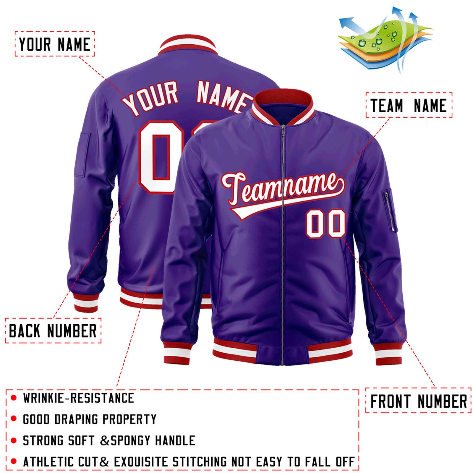 Custom Purple White-Red Varsity Full-Zip Letterman Bomber Jacket