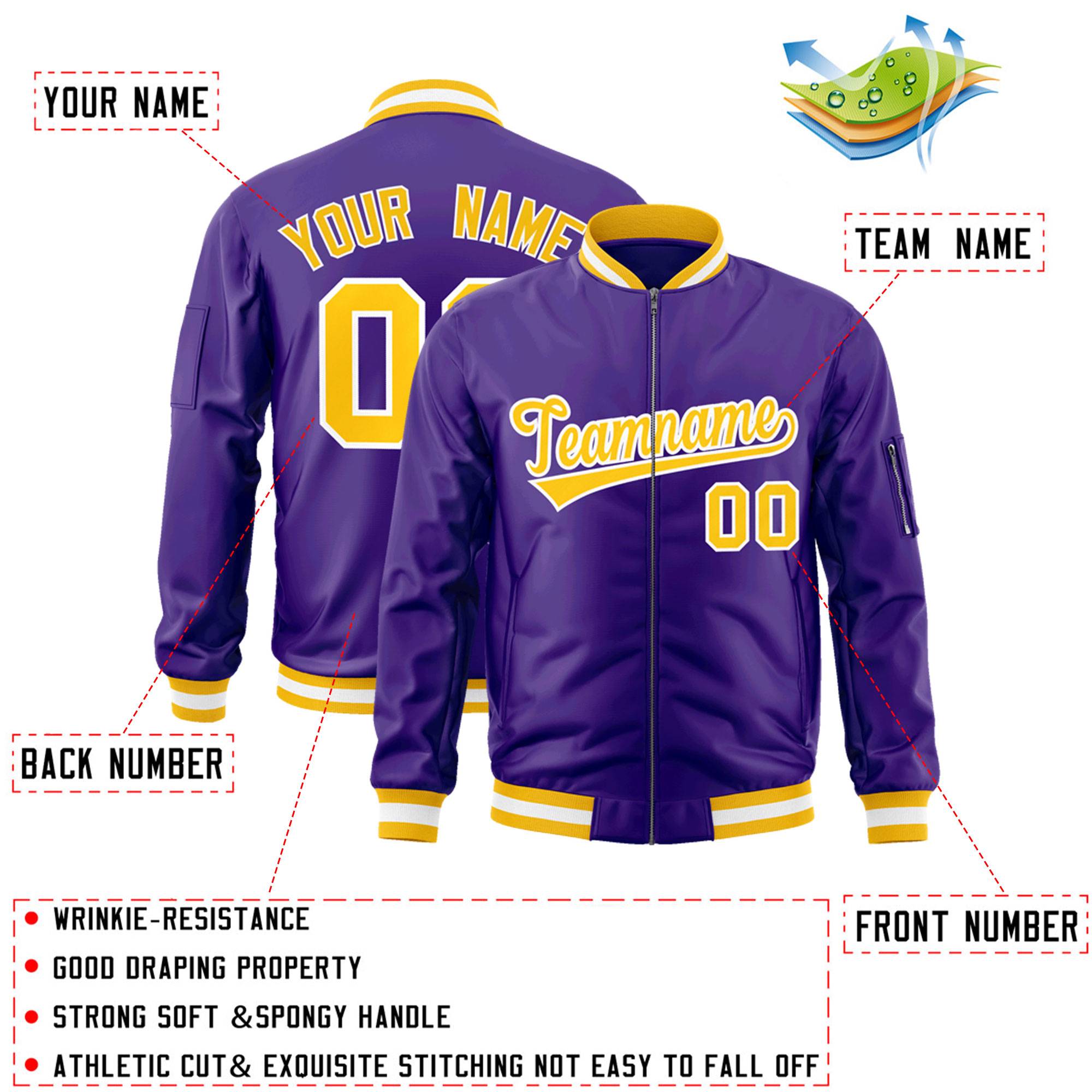 Custom Purple Gold-White Varsity Full-Zip Letterman Bomber Jacket