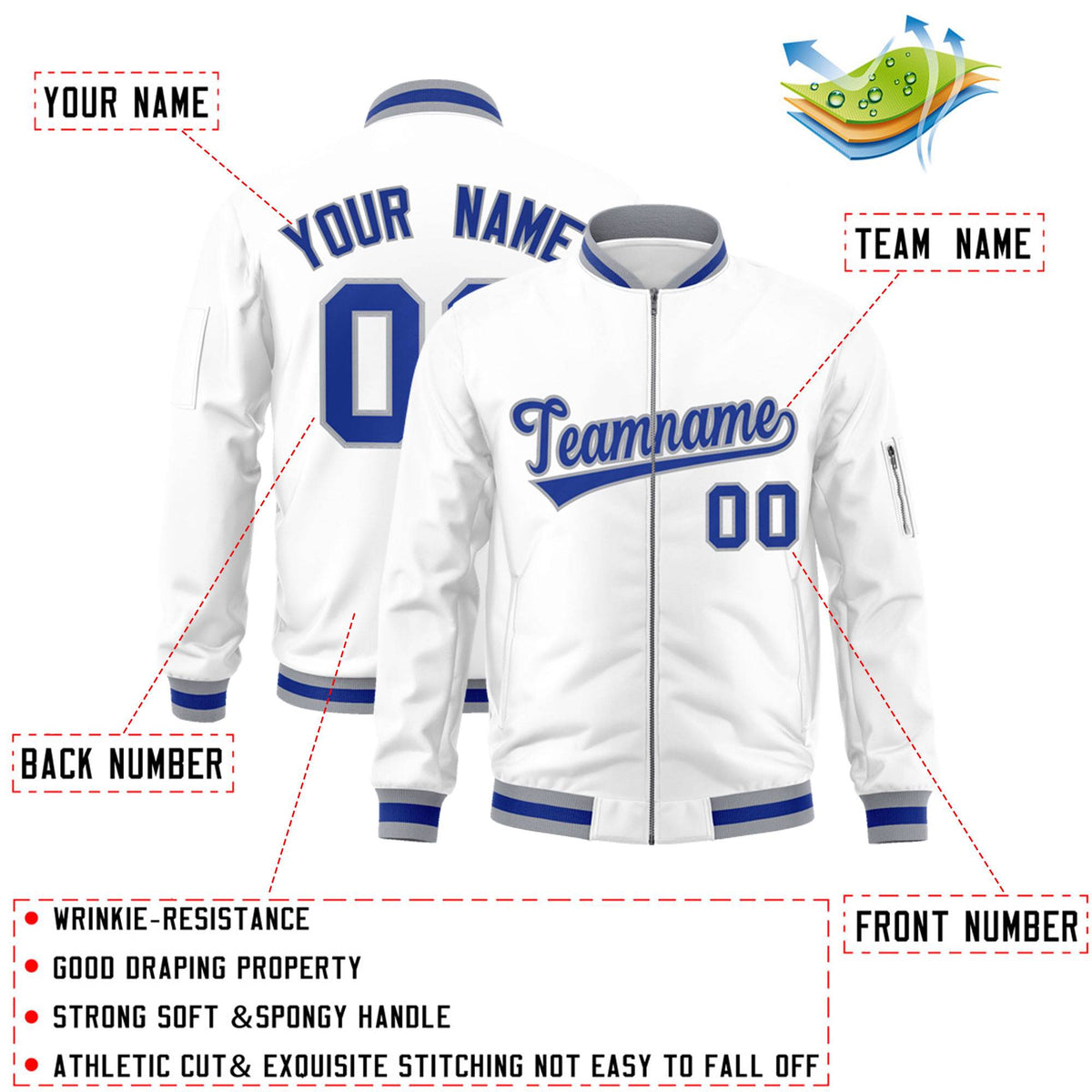 Custom White Royal-Gray Varsity Full-Zip Letterman Bomber Jacket