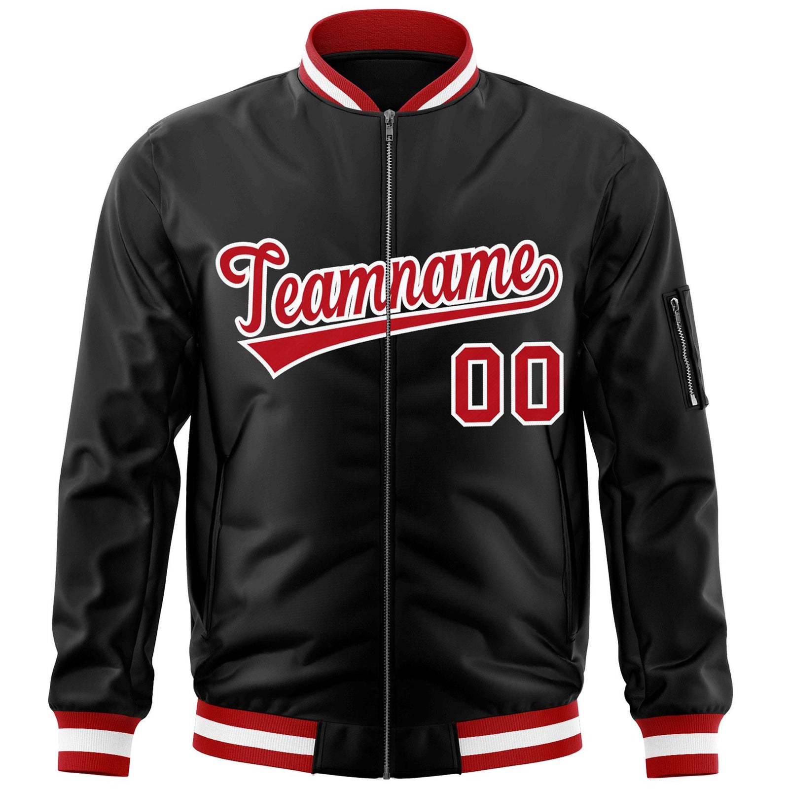 Custom Black Red-White Varsity Full-Zip Letterman Bomber Jacket