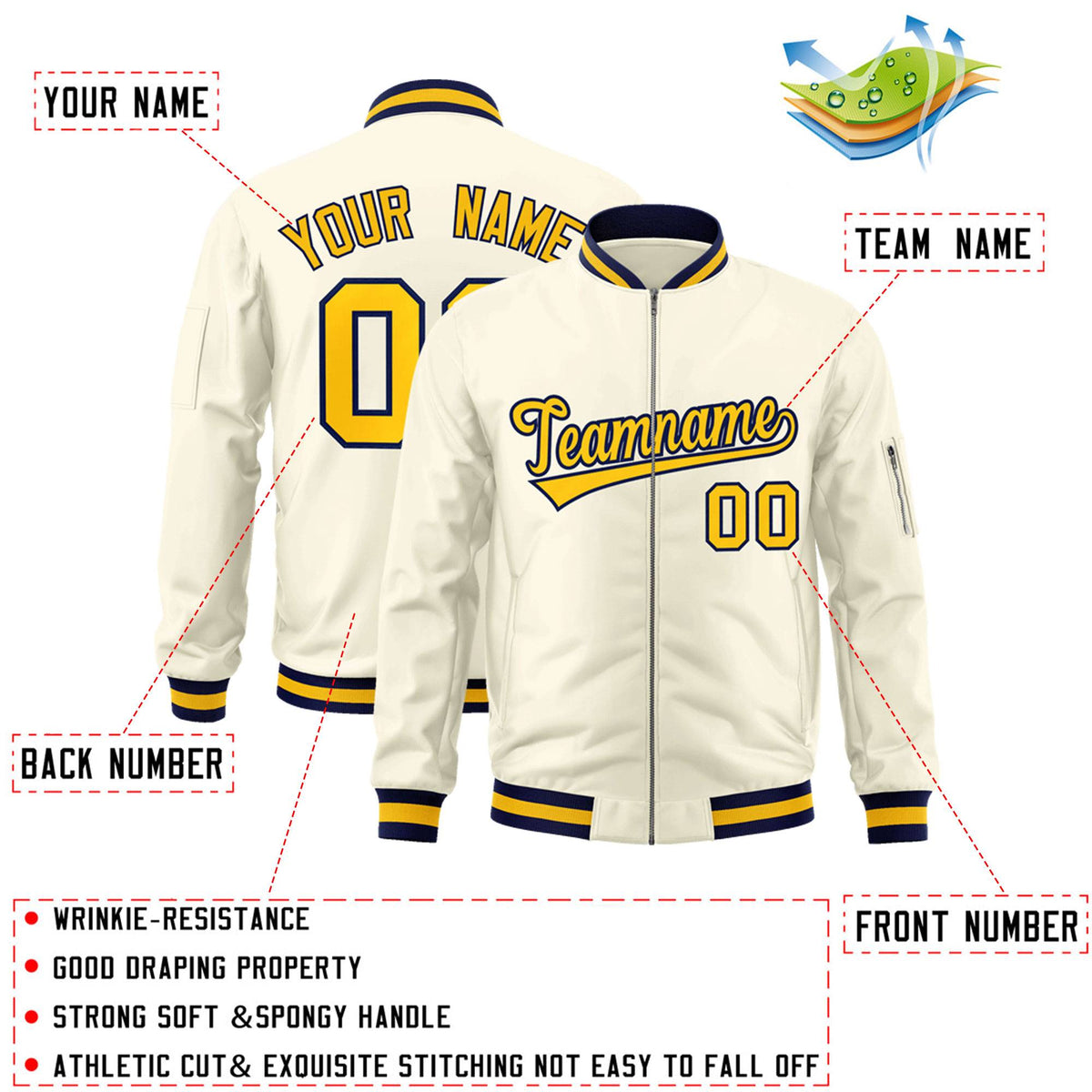 Custom Cream Yellow-Navy Varsity Full-Zip Letterman Bomber Jacket