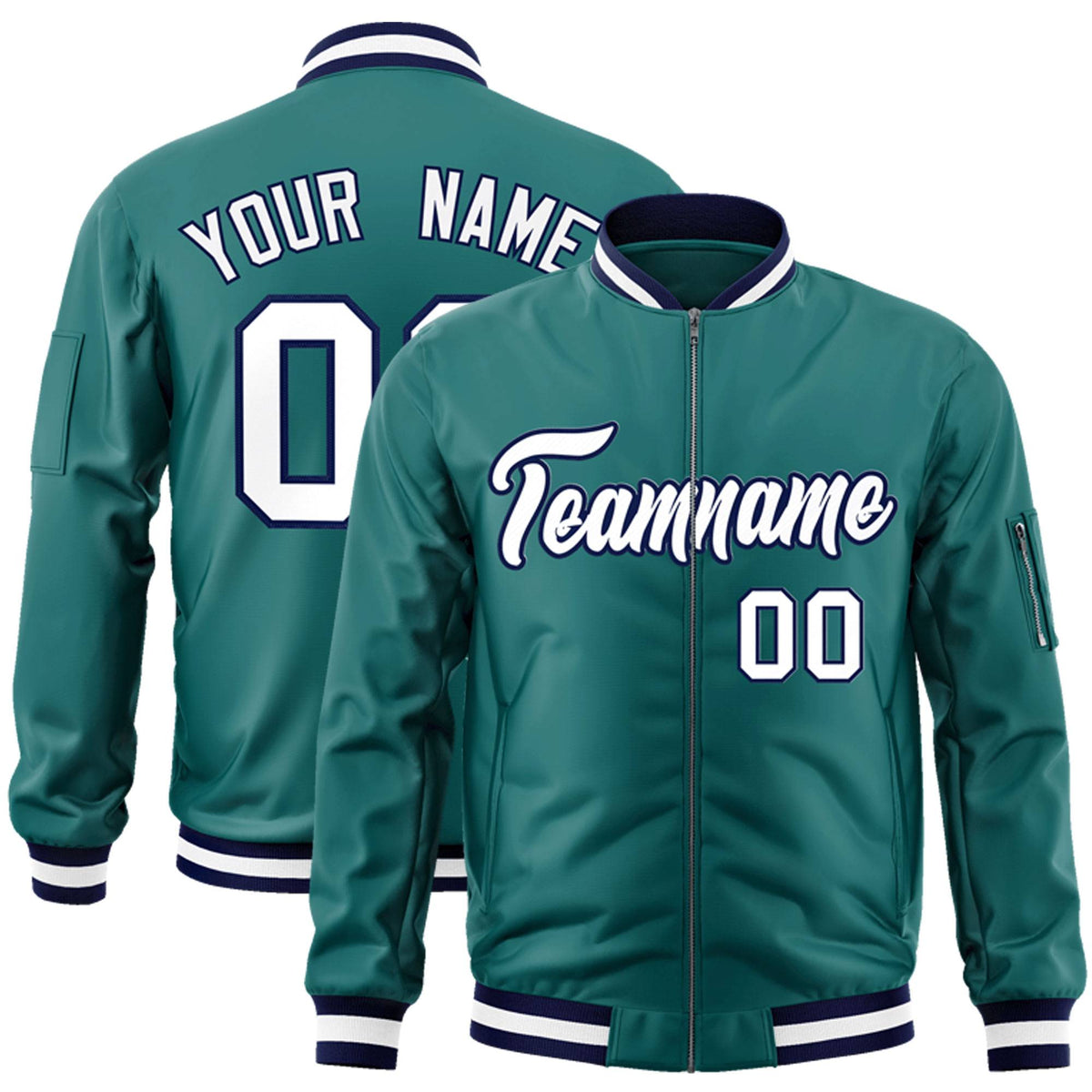 Custom Aqua White-Navy Varsity Full-Zip Letterman Bomber Jacket