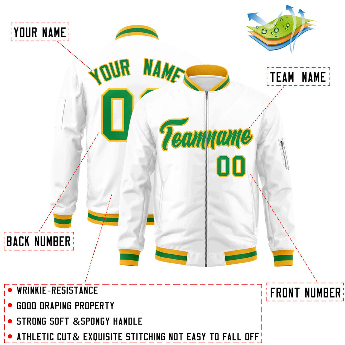 Custom White Kelly Green-Gold Varsity Full-Zip Letterman Bomber Jacket