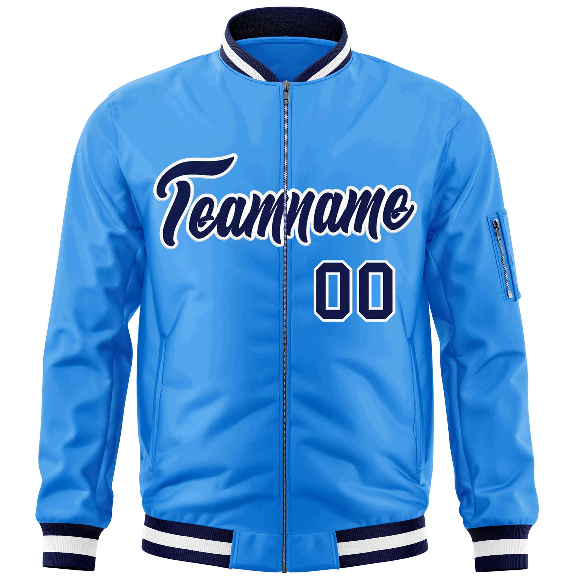 Custom Powder Blue Navy-White Varsity Full-Zip Letterman Bomber Jacket