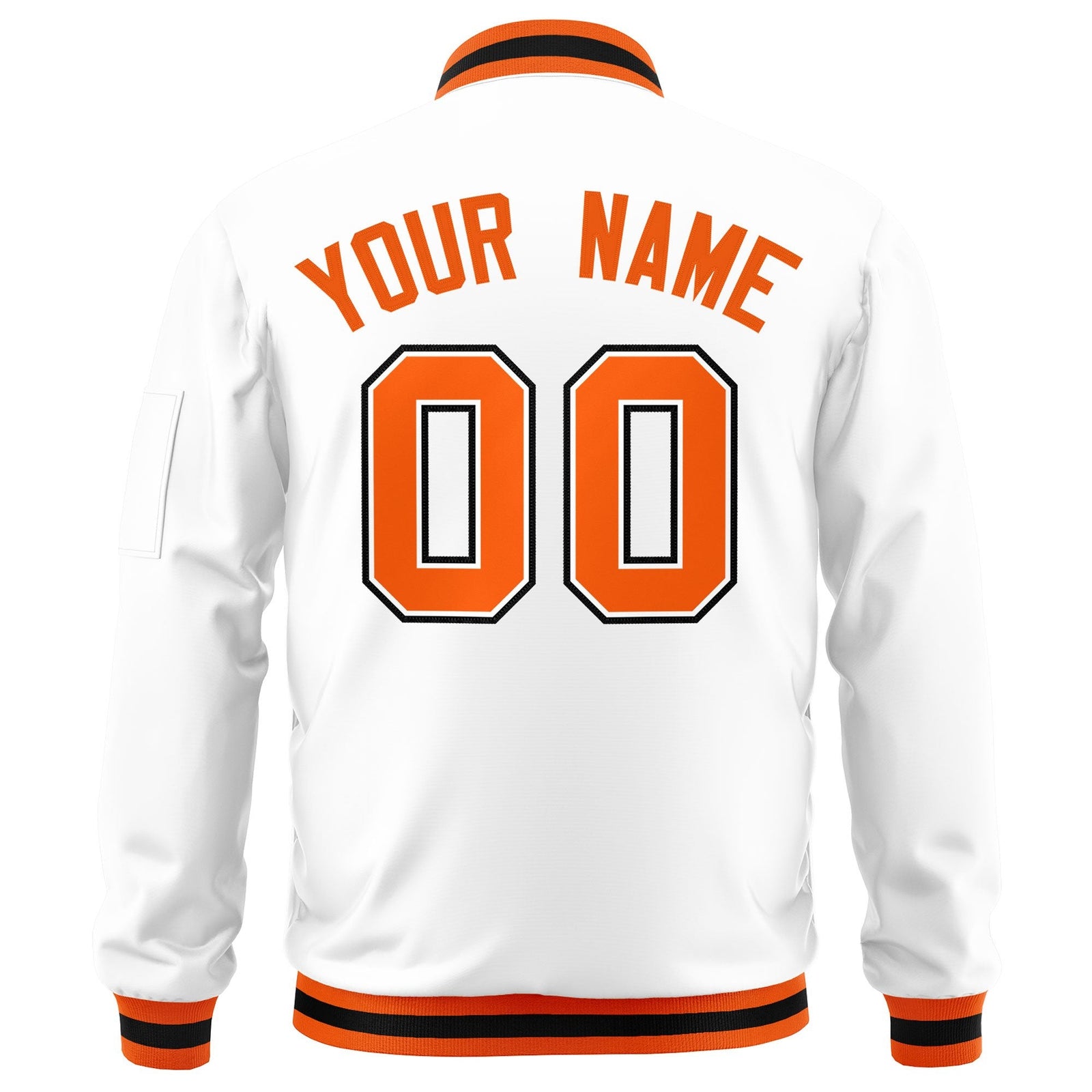 Custom White Orange-Black Varsity Full-Zip Letterman Bomber Jacket