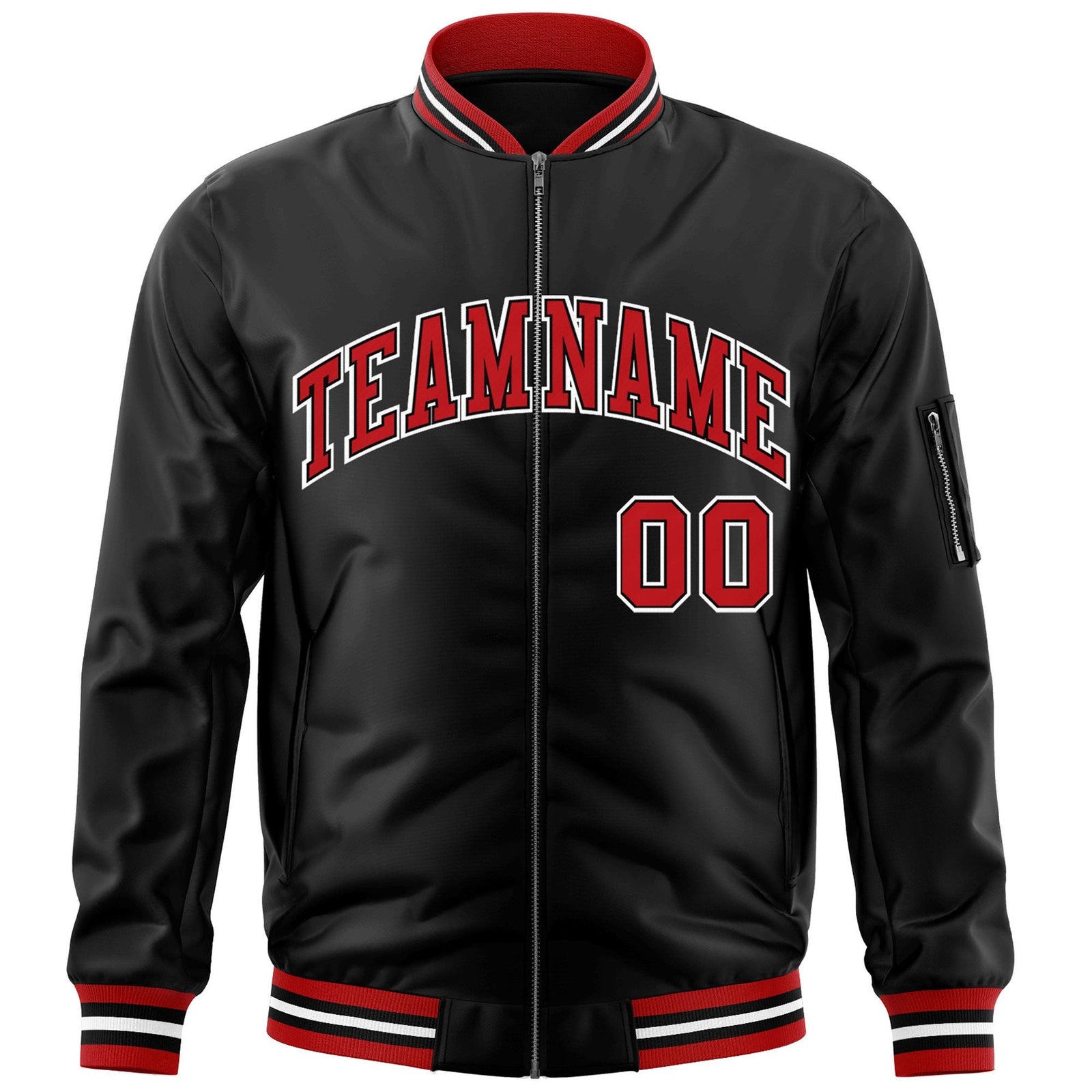 Custom Black Red-White Varsity Full-Zip Letterman Bomber Jacket