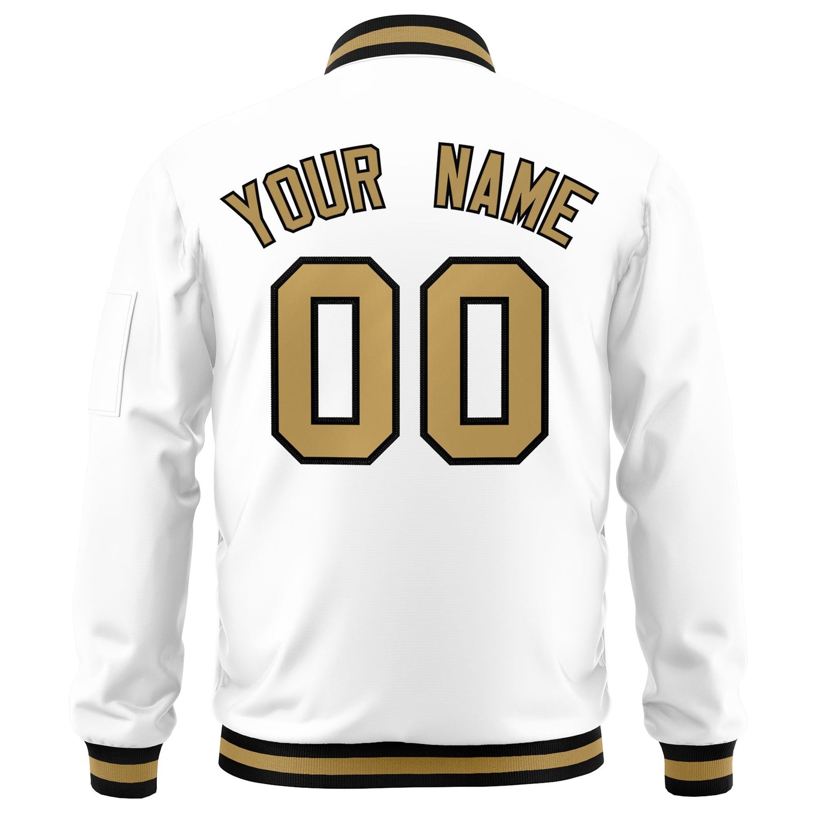 Custom White Old Gold-Black Varsity Full-Zip Letterman Bomber Jacket