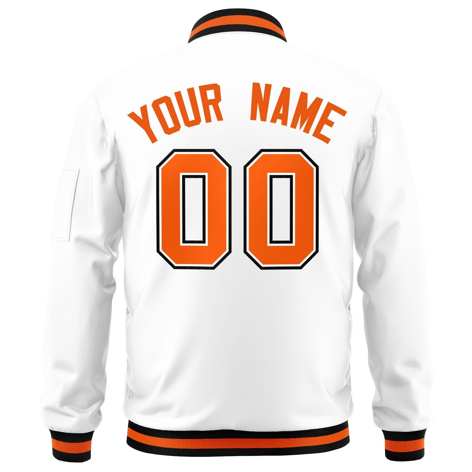 Custom White Orange-Black Varsity Full-Zip Letterman Bomber Jacket
