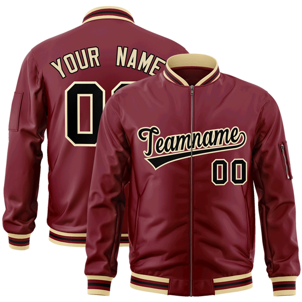 Custom Crimson Black-Khaki Varsity Full-Zip Letterman Bomber Jacket