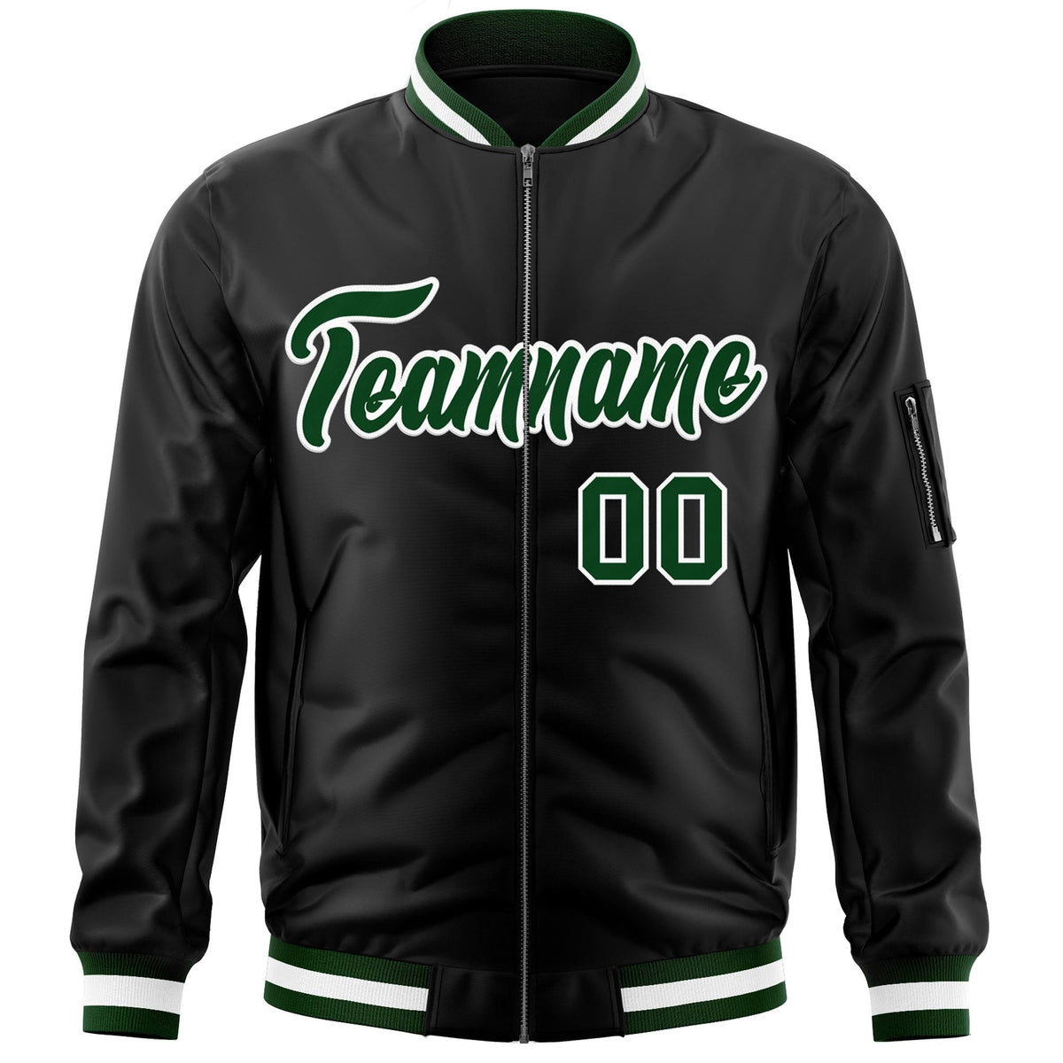 Custom Black Green-White Varsity Full-Zip Letterman Bomber Jacket
