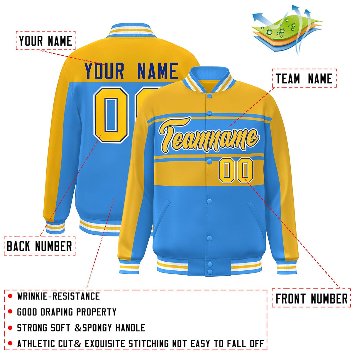 Custom Gold Powder Blue Color Block Varsity Full-Snap Bomber Jacket