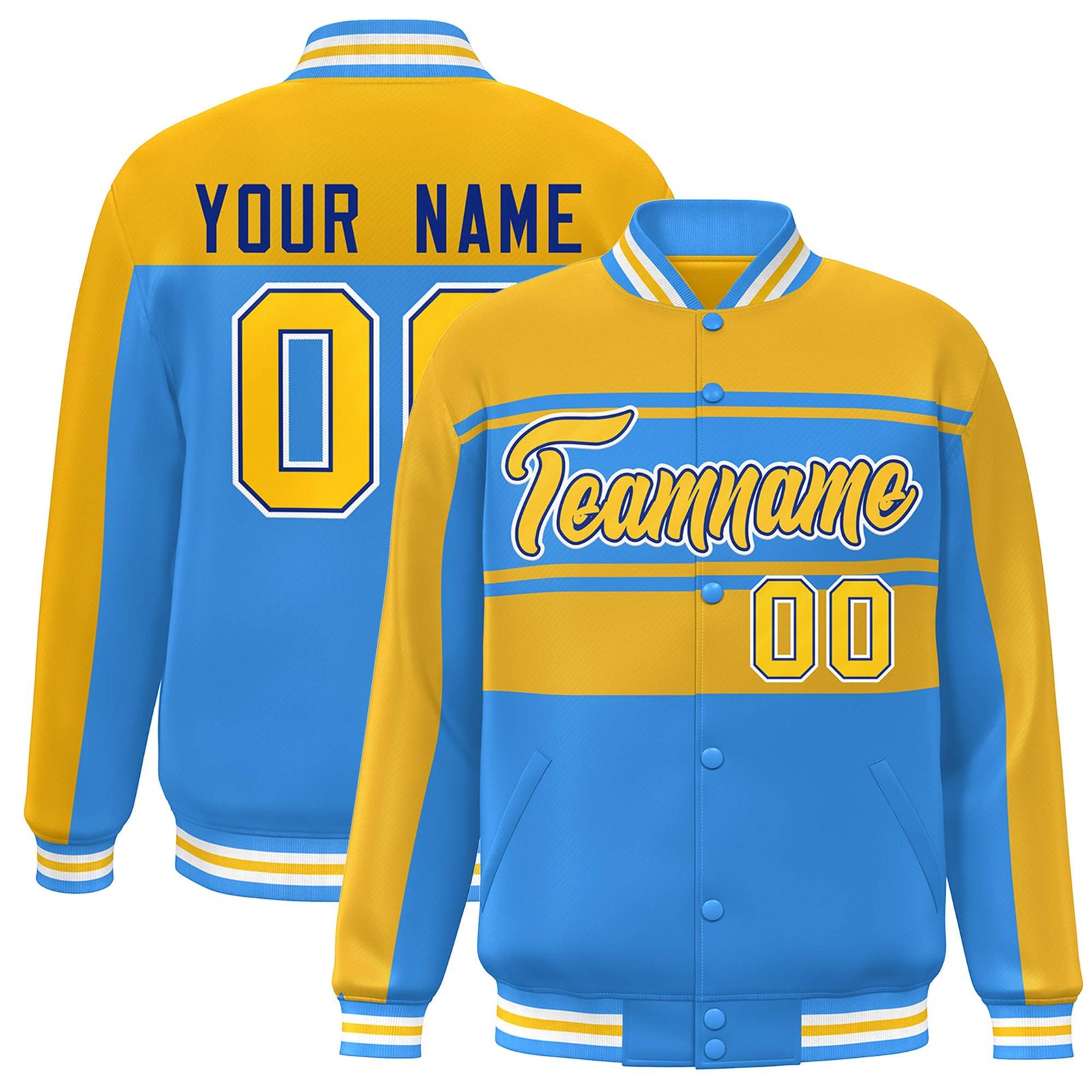 Custom Gold Powder Blue Color Block Varsity Full-Snap Bomber Jacket