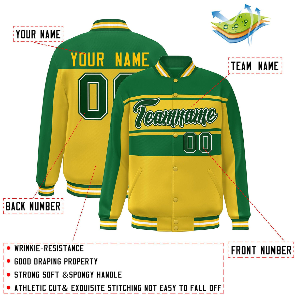 Custom Kelly Green Gold Color Block Varsity Full-Snap Bomber Jacket