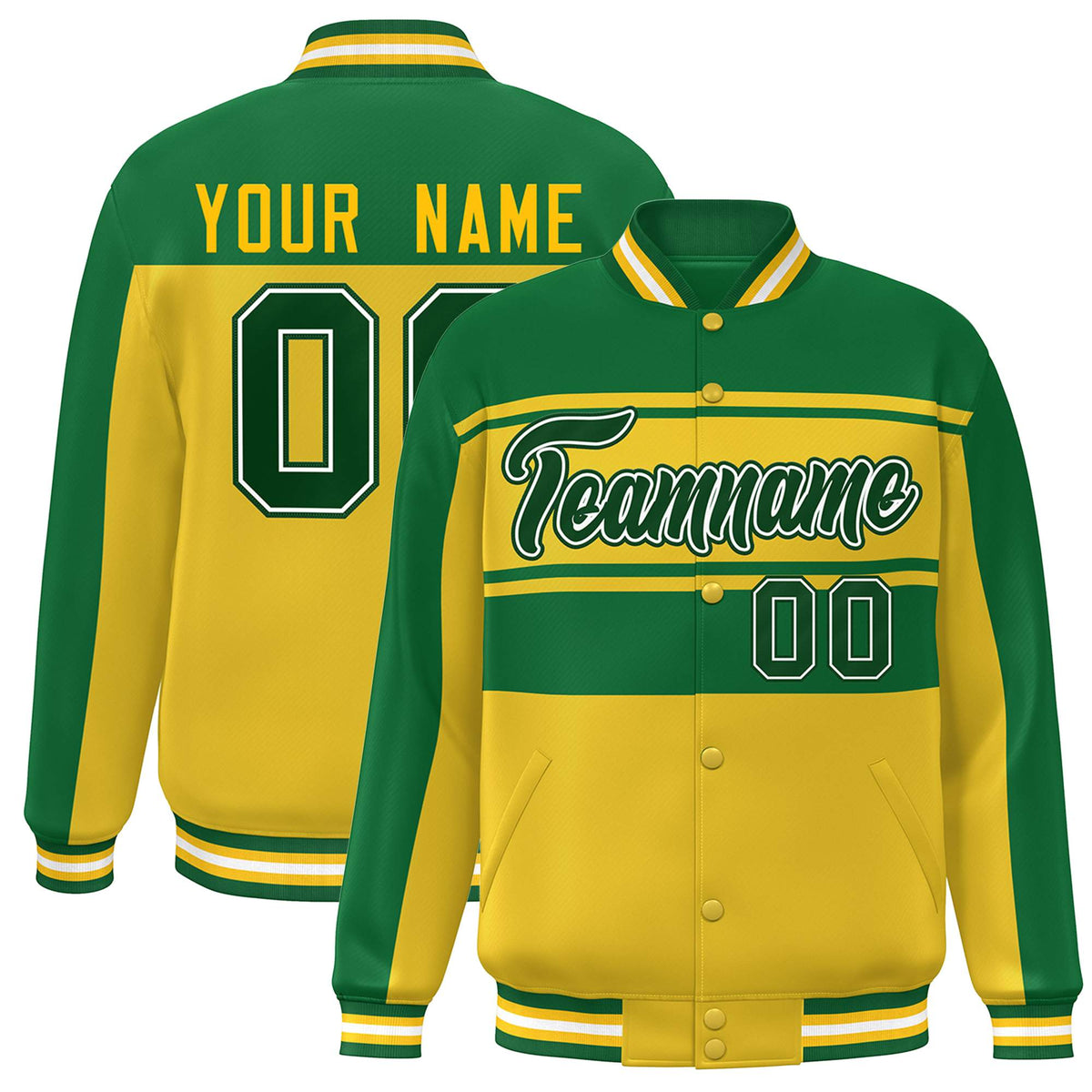 Custom Kelly Green Gold Color Block Varsity Full-Snap Bomber Jacket