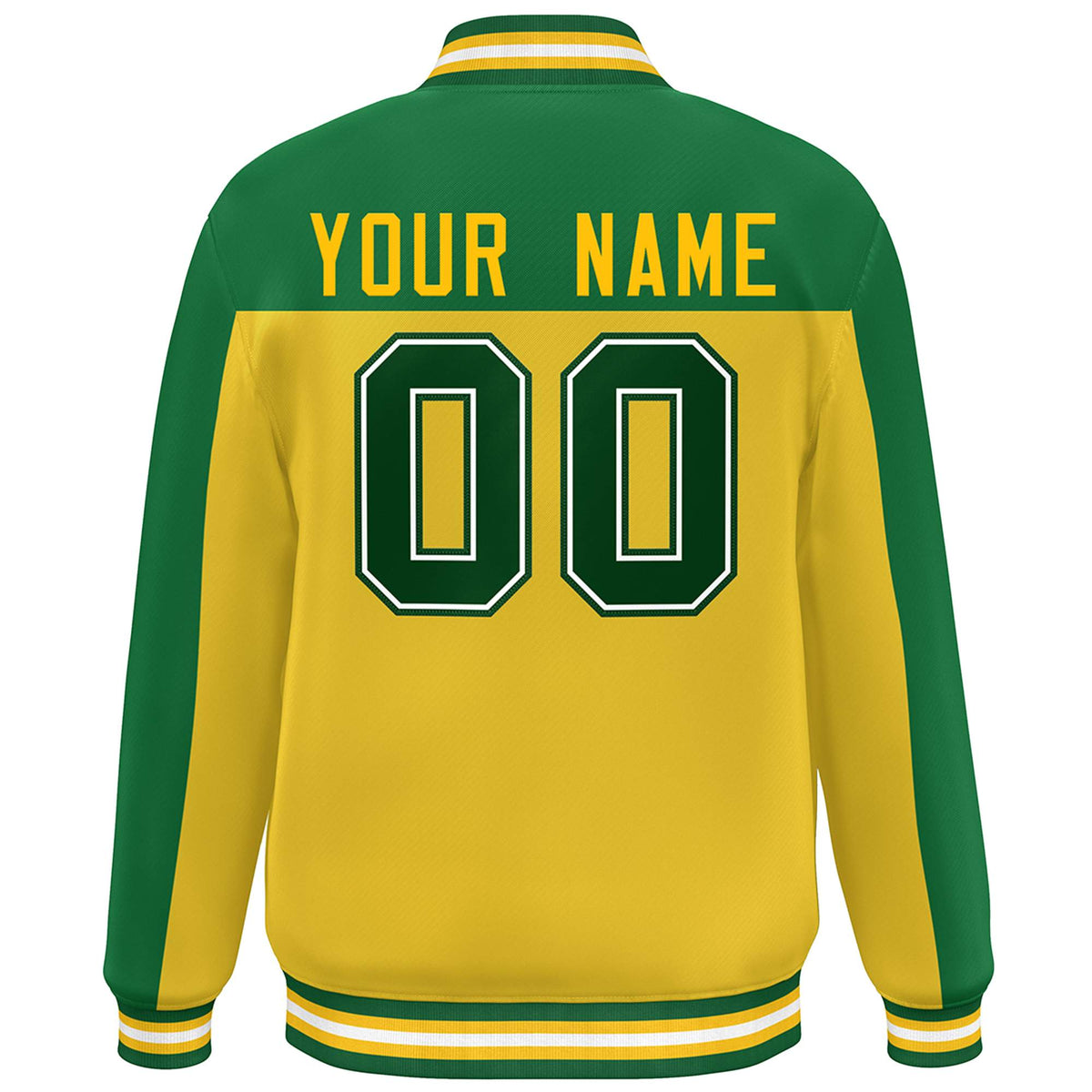 Custom Kelly Green Gold Color Block Varsity Full-Snap Bomber Jacket