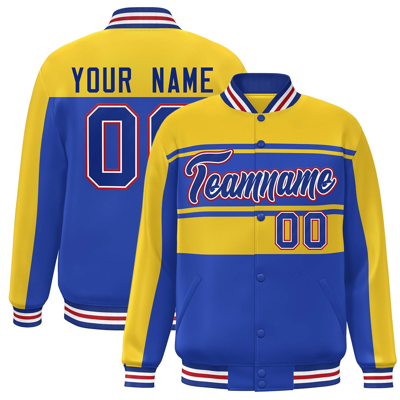 Custom Gold Royal Color Block Varsity Full-Snap Bomber Jacket