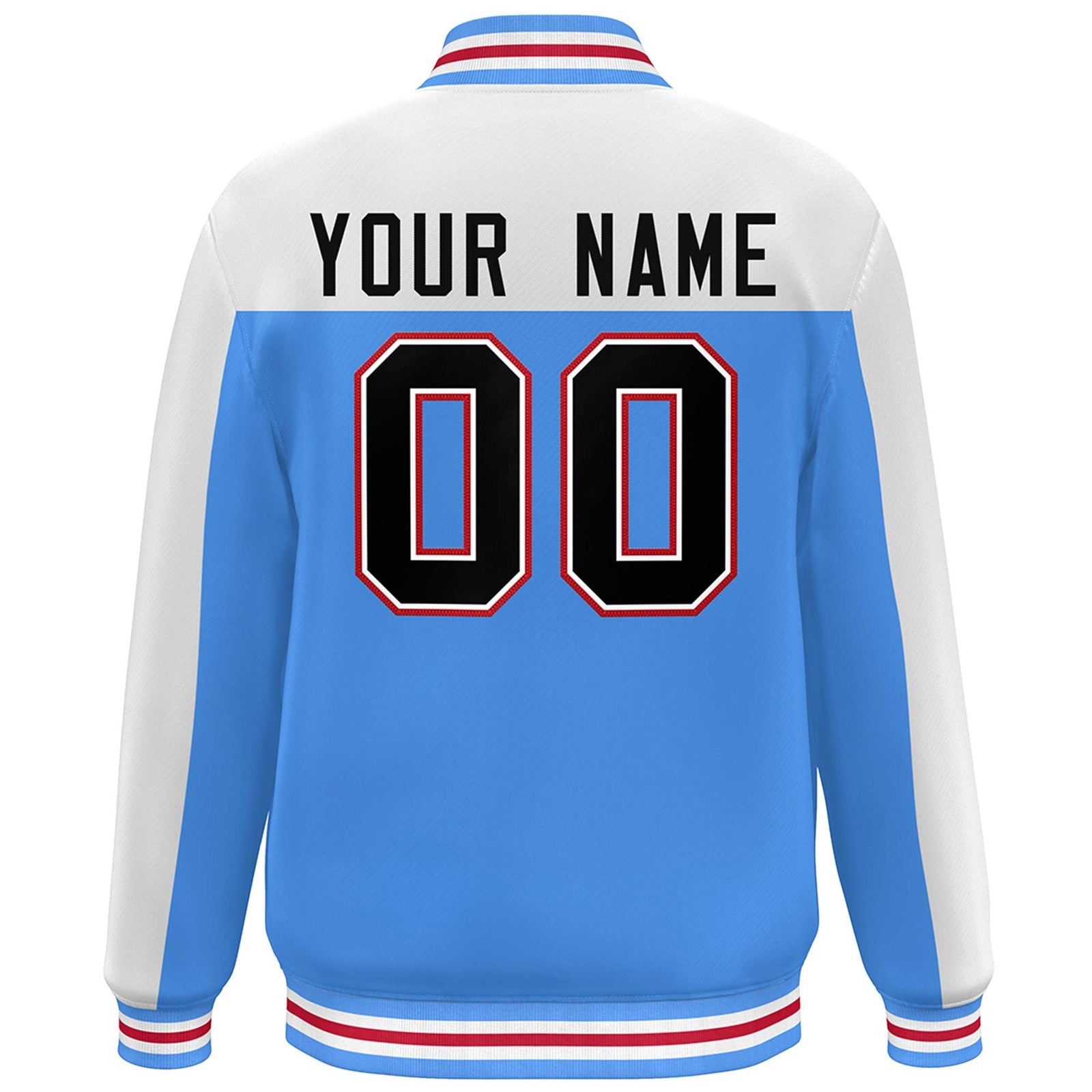 Custom White Powder Blue-Black Color Block Varsity Full-Snap Bomber Jacket