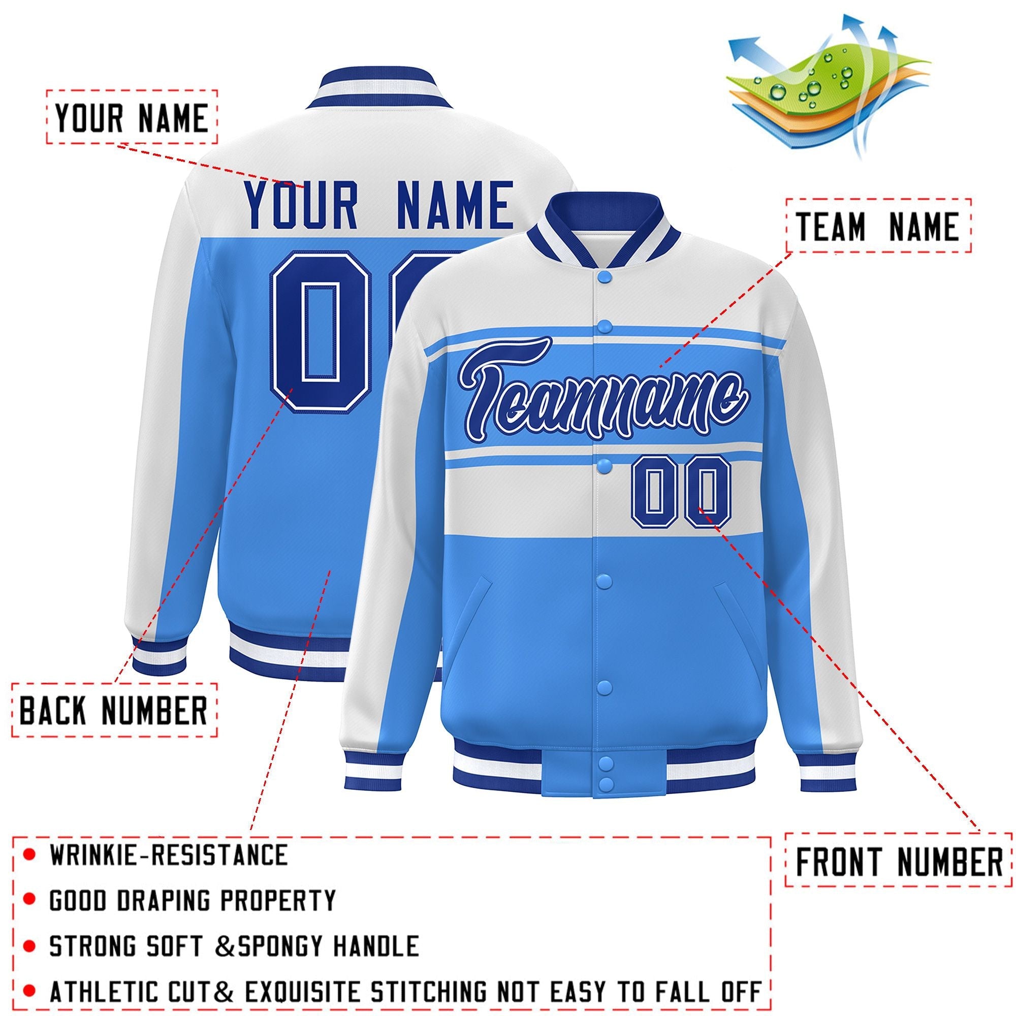 Custom White Powder Blue-Royal Color Block Varsity Full-Snap Bomber Jacket
