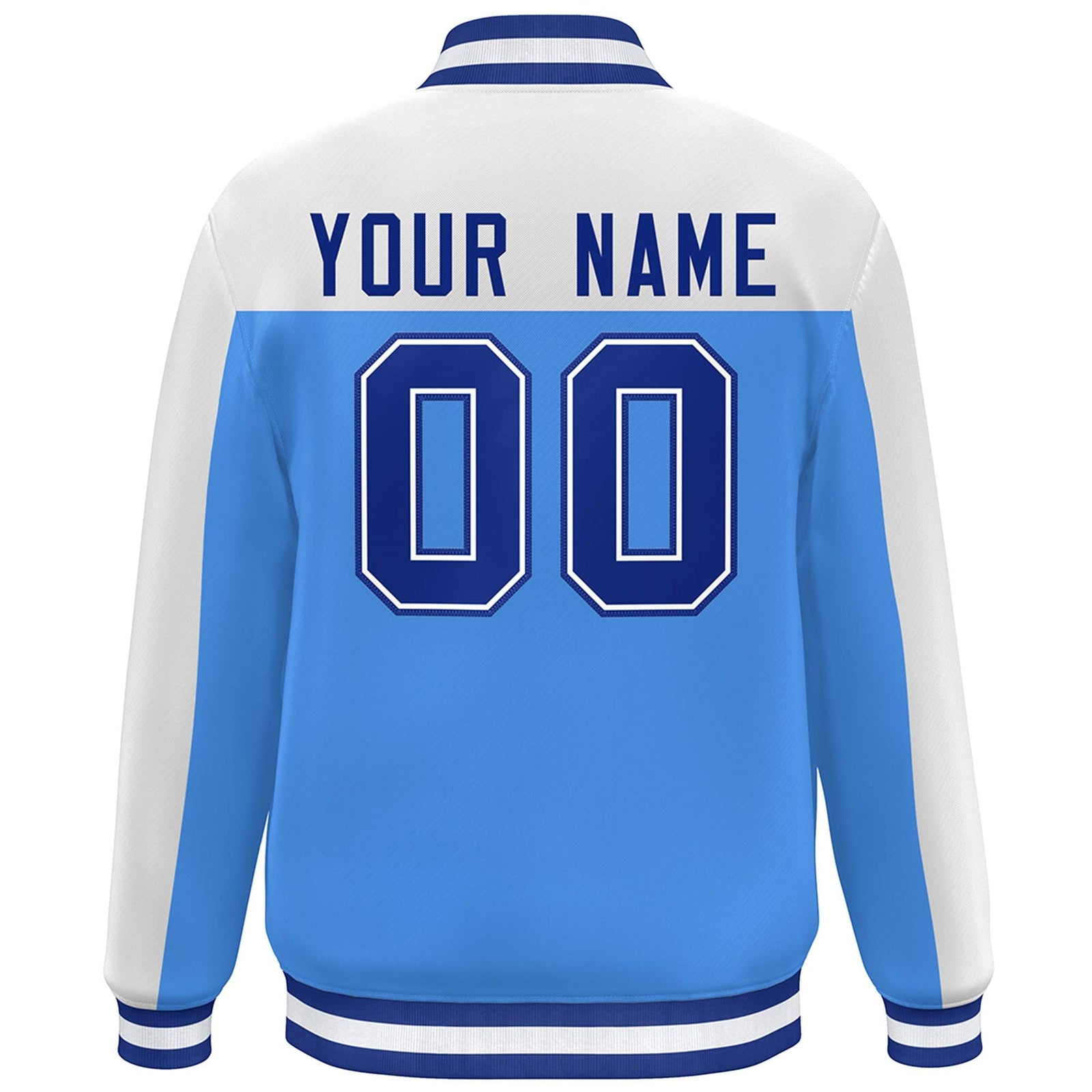 Custom White Powder Blue-Royal Color Block Varsity Full-Snap Bomber Jacket