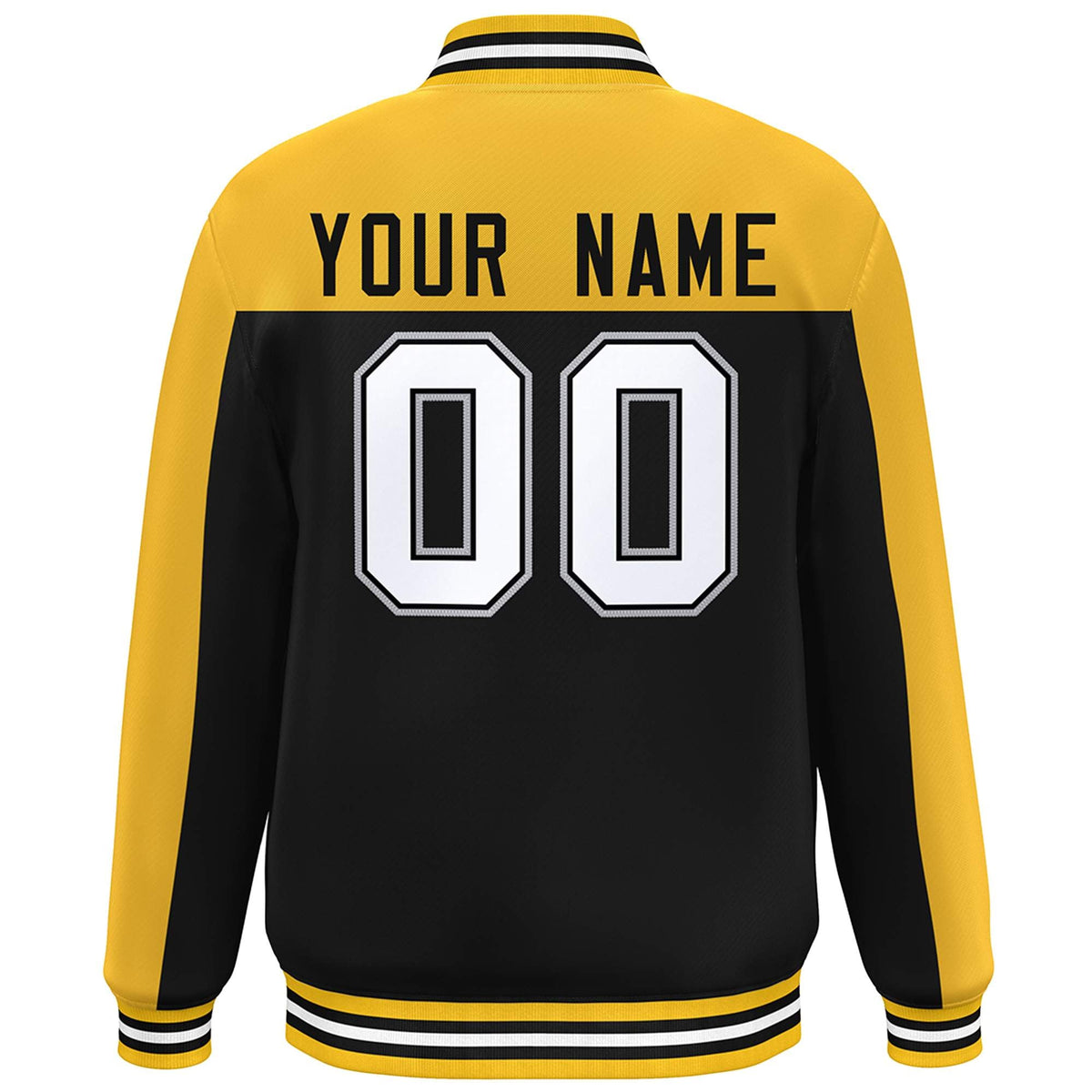 Custom Gold Black-White Color Block Varsity Full-Snap Bomber Jacket