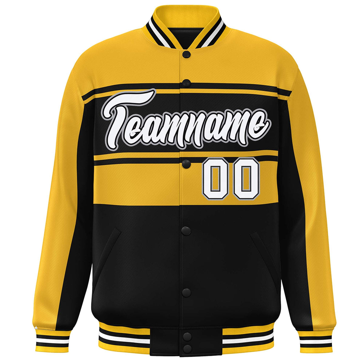 Custom Gold Black-White Color Block Varsity Full-Snap Bomber Jacket
