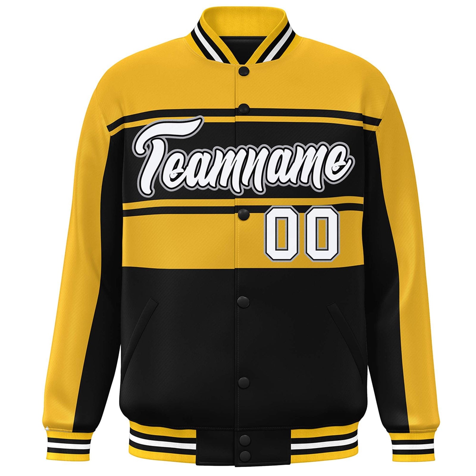 Custom Gold Black-White Color Block Varsity Full-Snap Bomber Jacket