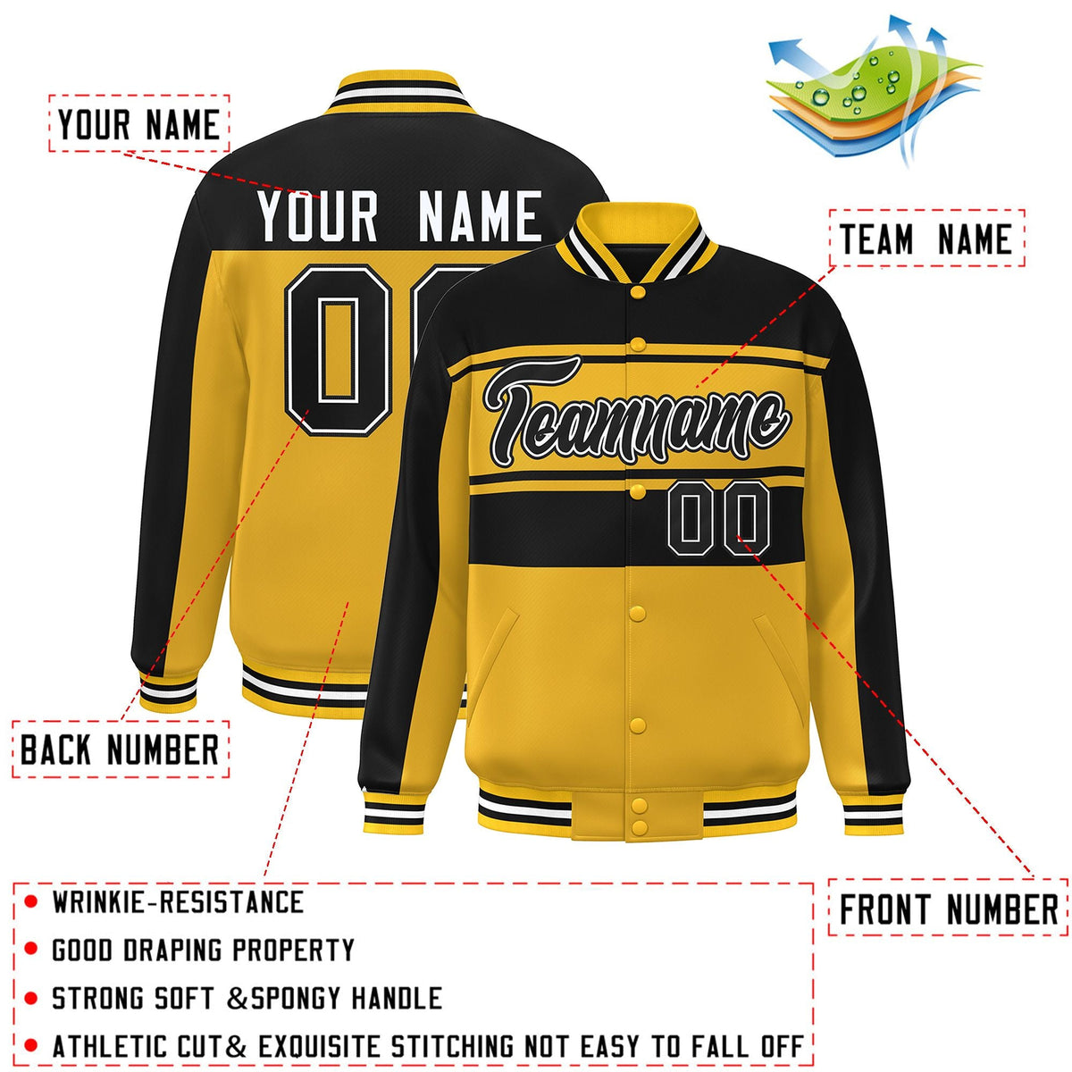 Custom Gold Black Color Block Varsity Full-Snap Bomber Jacket