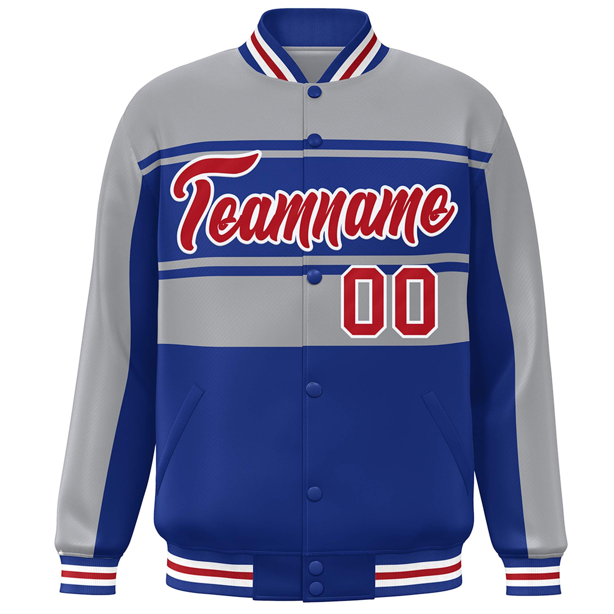 Custom Gray Royal-Red Color Block Varsity Full-Snap Bomber Jacket