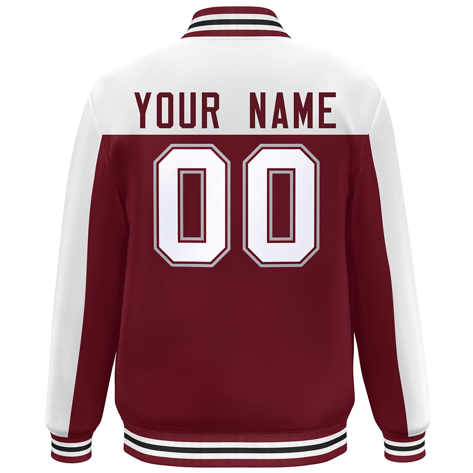 Custom White Crimson Color Block Varsity Full-Snap Bomber Jacket