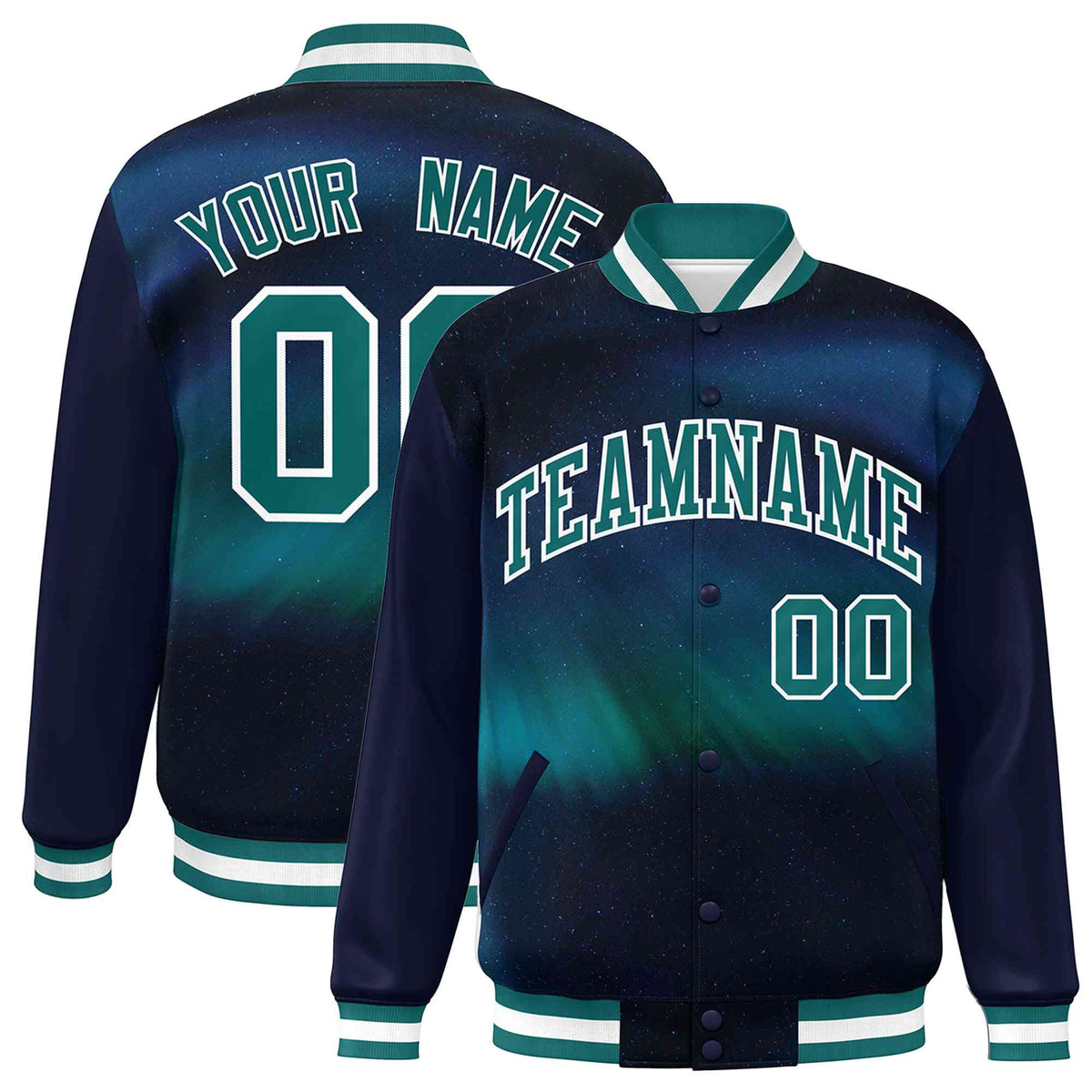 Custom Navy Aqua-White Tie Dye Ink Paint Varsity Graffiti Pattern Letterman Jacket