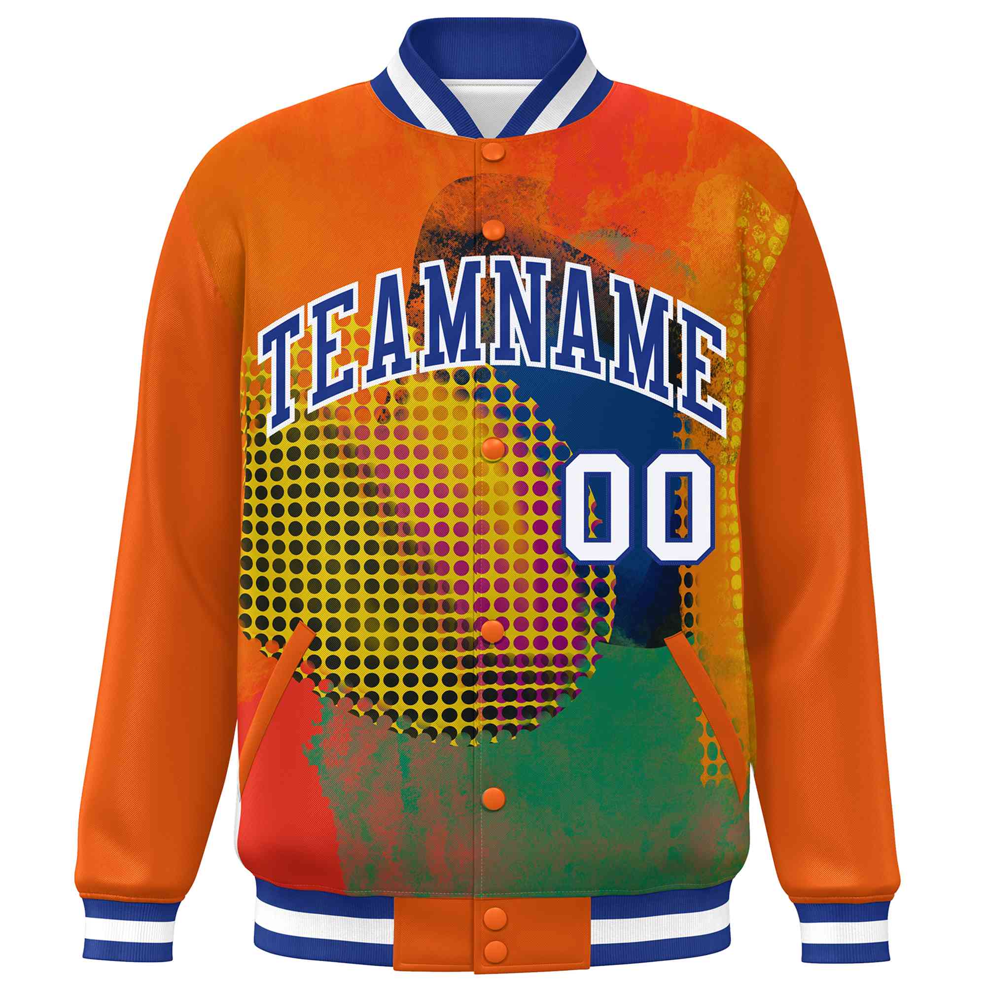 Custom Orange Royal-White Tie Dye Ink Paint Varsity Graffiti Pattern Letterman Jacket