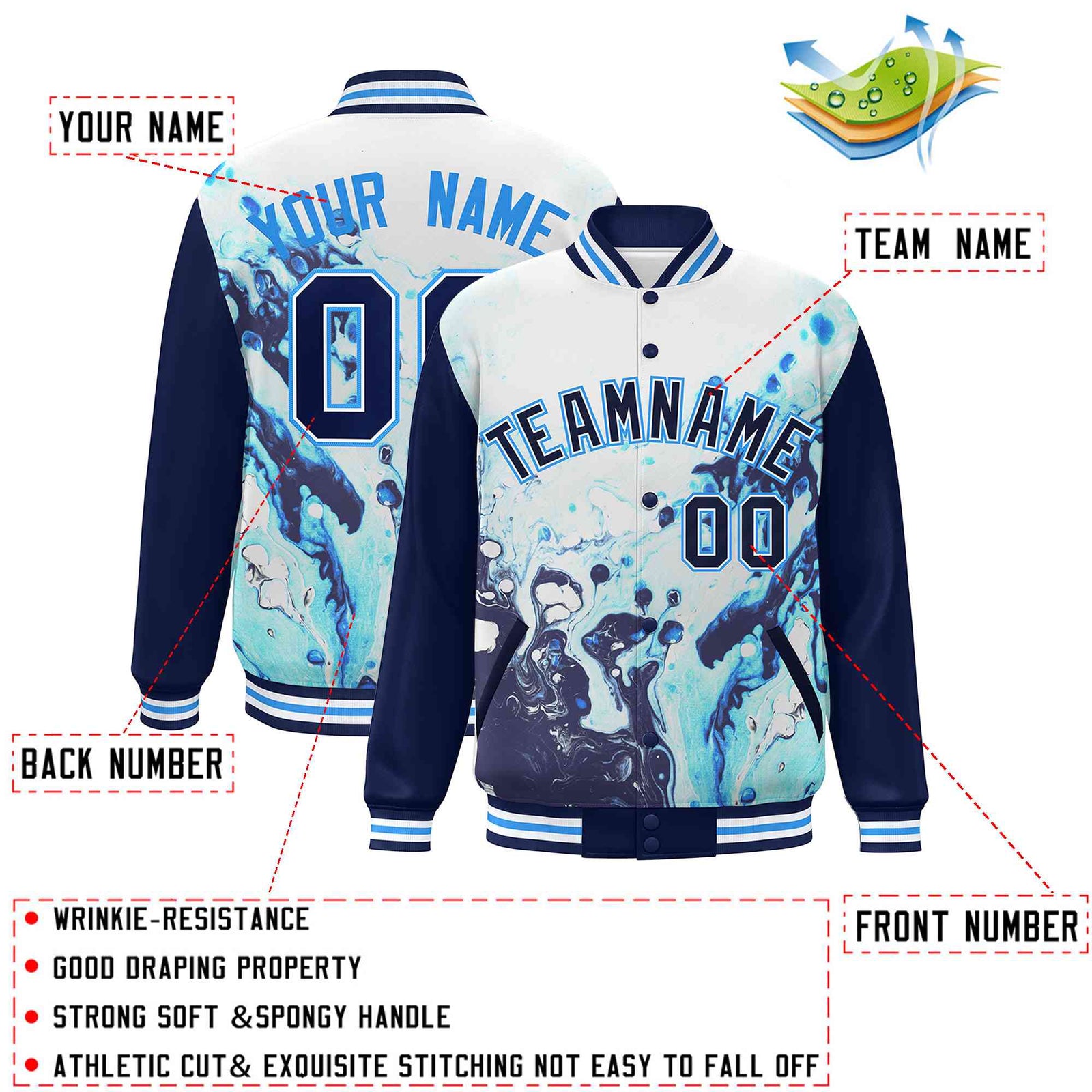 Custom Navy Royal-White Tie Dye Ink Paint Varsity Graffiti Pattern Letterman Jacket