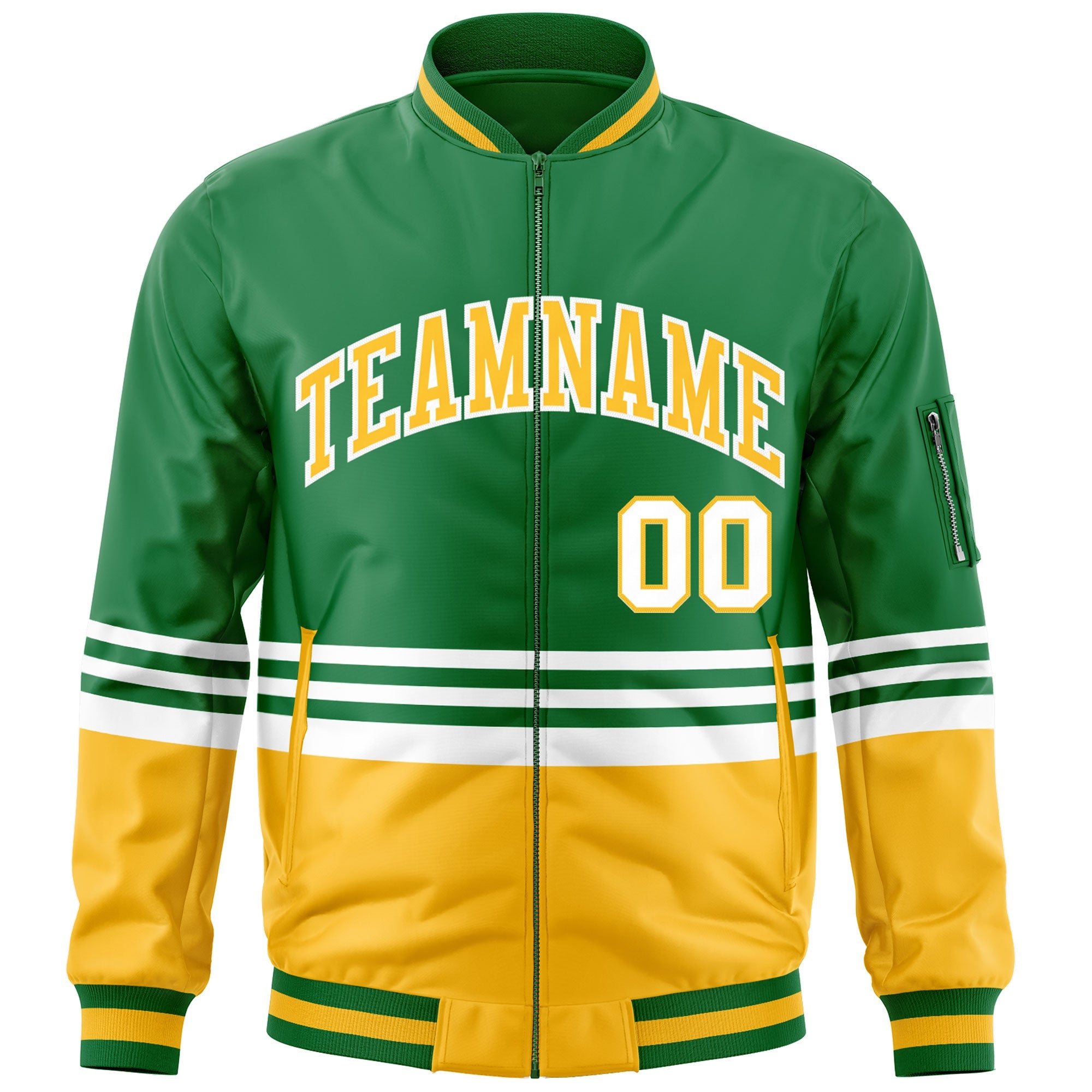 Custom Kelly Green Gold-White Varsity Full-Zip Color Block Letterman Bomber Jacket