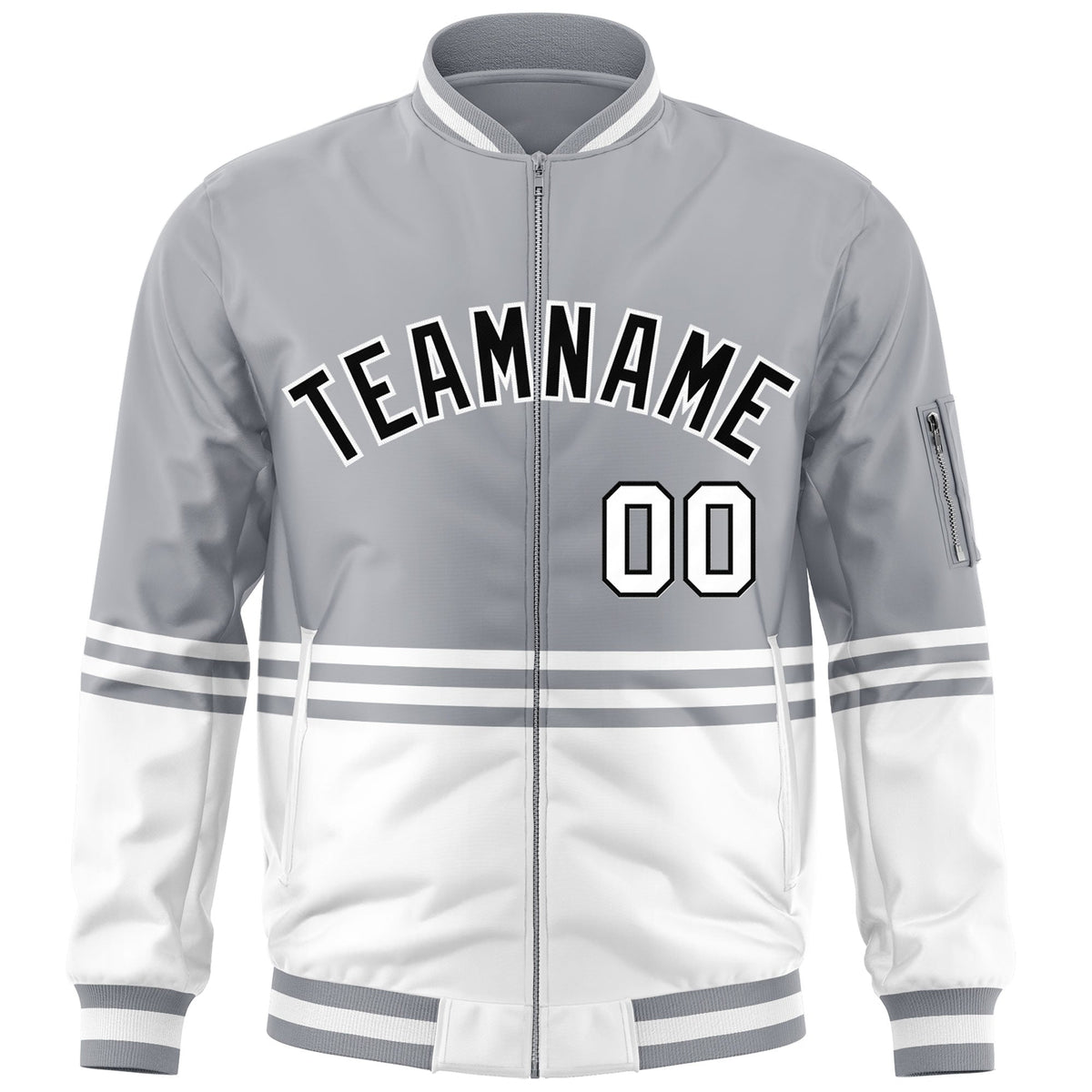 Custom Gray Black-White Varsity Full-Zip Color Block Letterman Bomber Jacket