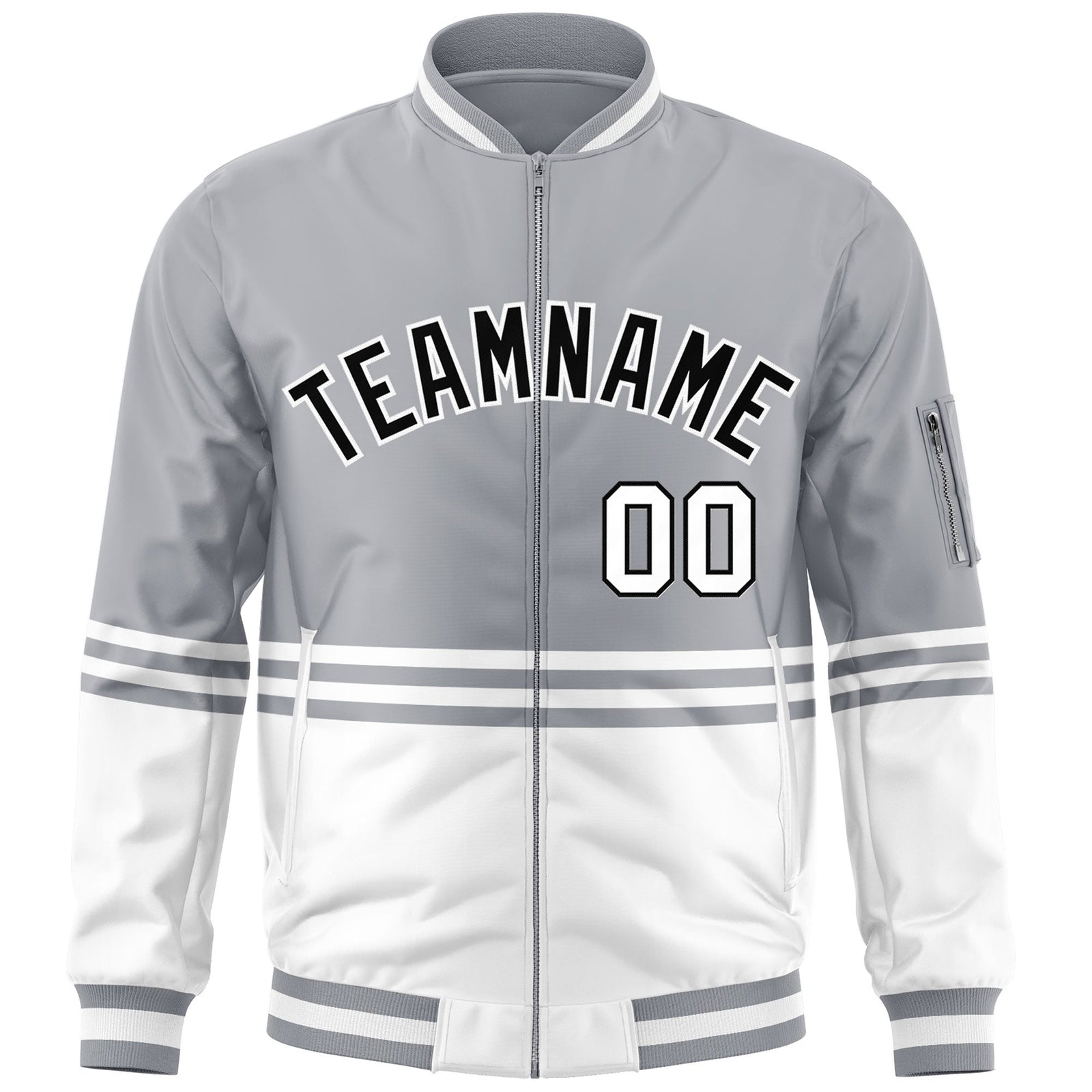 Custom Gray Black-White Varsity Full-Zip Color Block Letterman Bomber Jacket