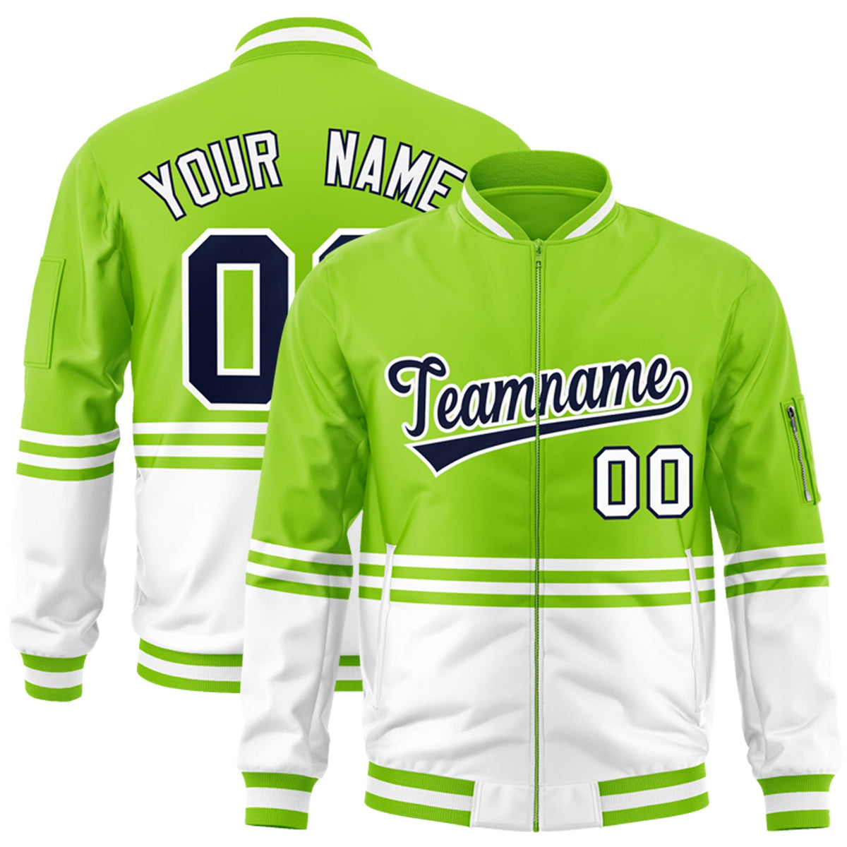 Custom Neon Green Navy-White Varsity Full-Zip Color Block Letterman Bomber Jacket