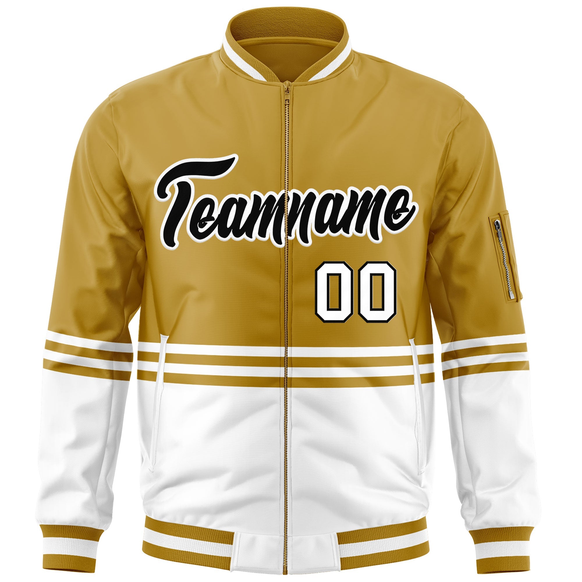 Custom Old Gold Black-White Varsity Full-Zip Color Block Letterman Bomber Jacket