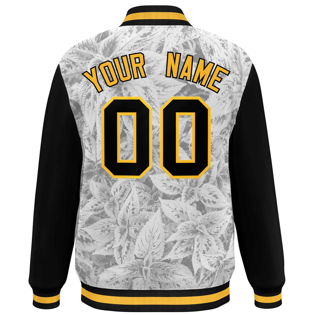 Custom Black Gold Maple Leaf Raglan Sleeves Bomber Graffiti Pattern Varsity Jacket