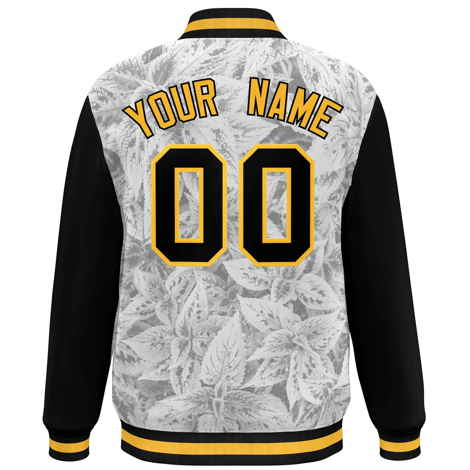 Custom Black Gold Maple Leaf Raglan Sleeves Bomber Graffiti Pattern Varsity Jacket