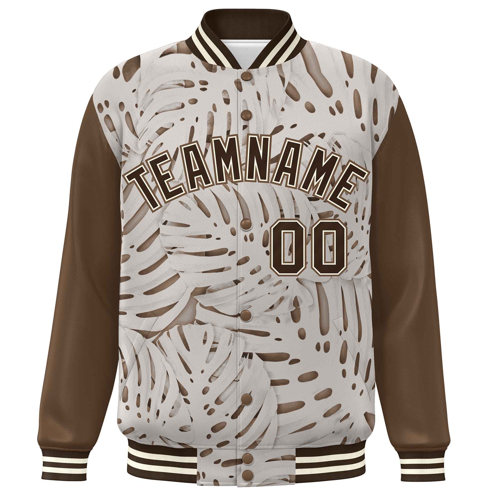 Custom Light Brown Brown-Cream Maple Leaf Raglan Sleeves Bomber Graffiti Pattern Varsity Jacket