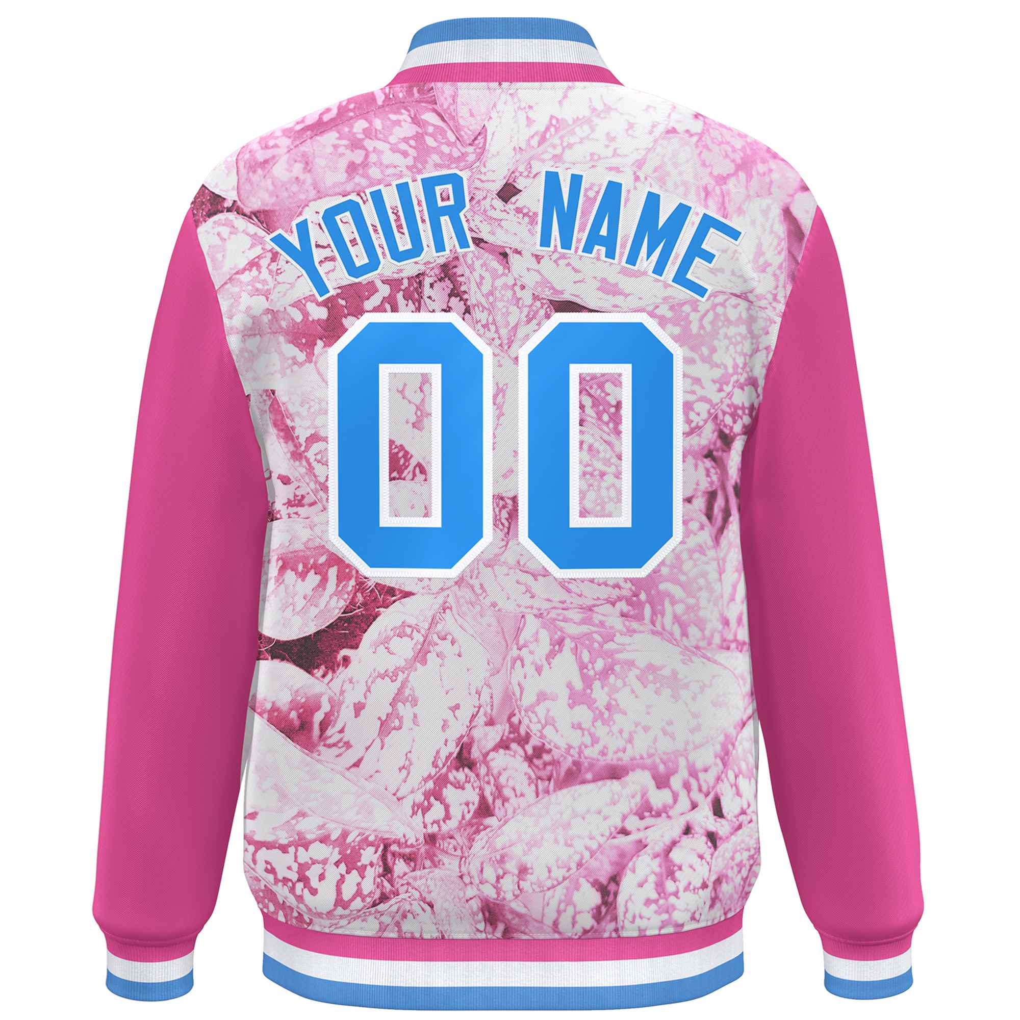 Custom Pink Powder Blue-White Maple Leaf Raglan Sleeves Bomber Graffiti Pattern Varsity Jacket