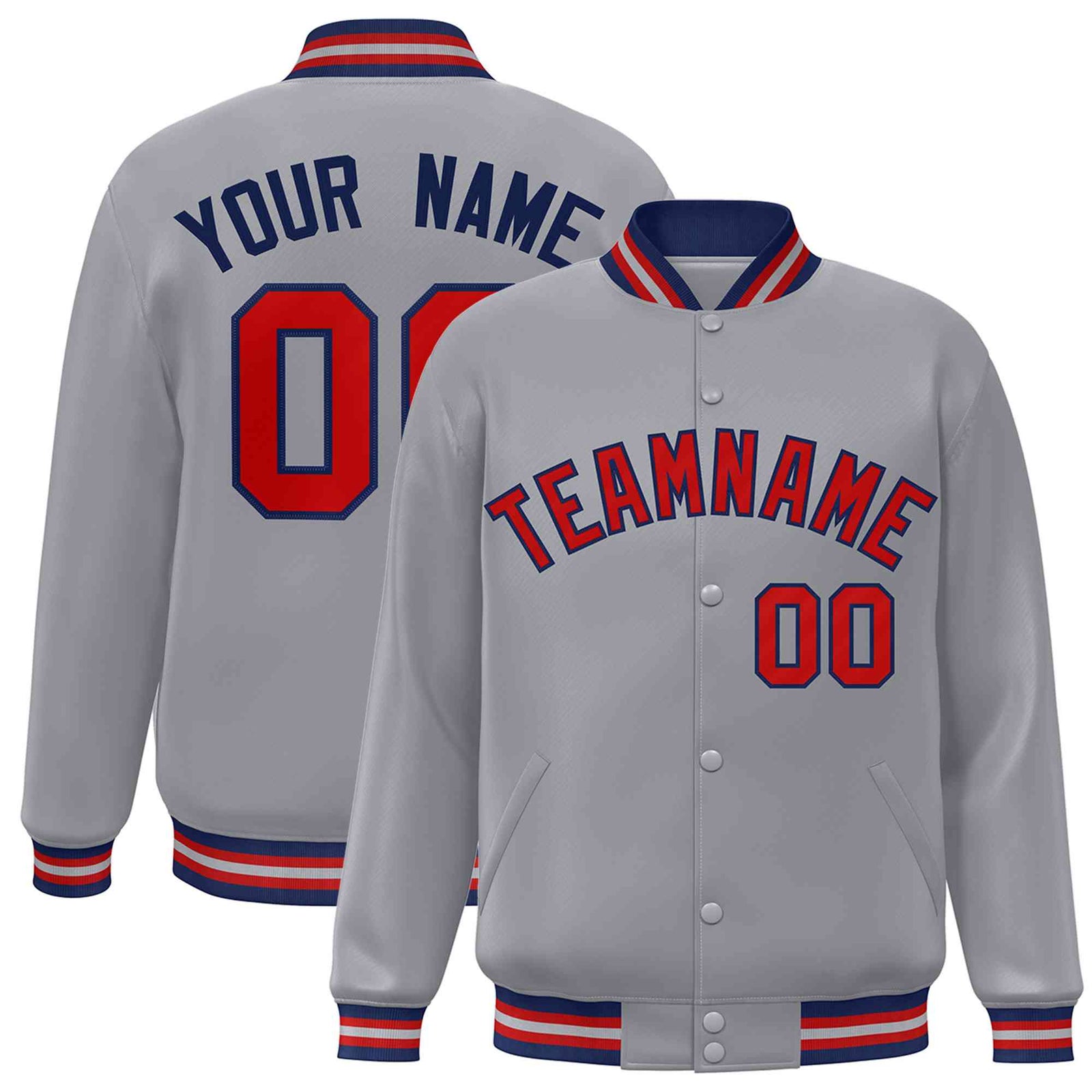 Custom Gray Red-Navy Classic Style Varsity Full-Snap Letterman Jacket