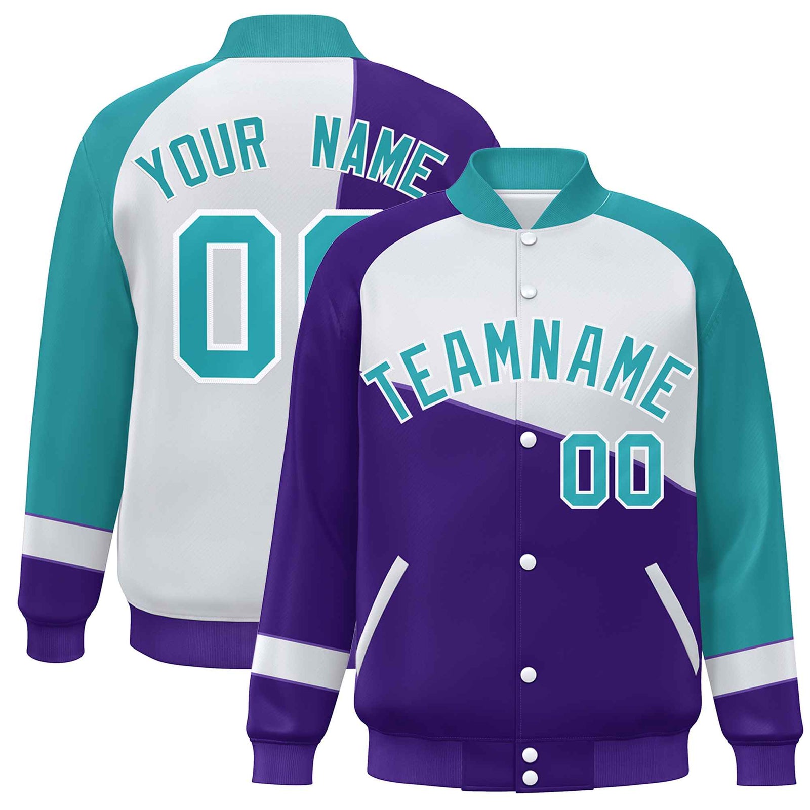 Custom Purple White-Aqua Color Block Bomber Varsity Full-Snap Baseball Jacket